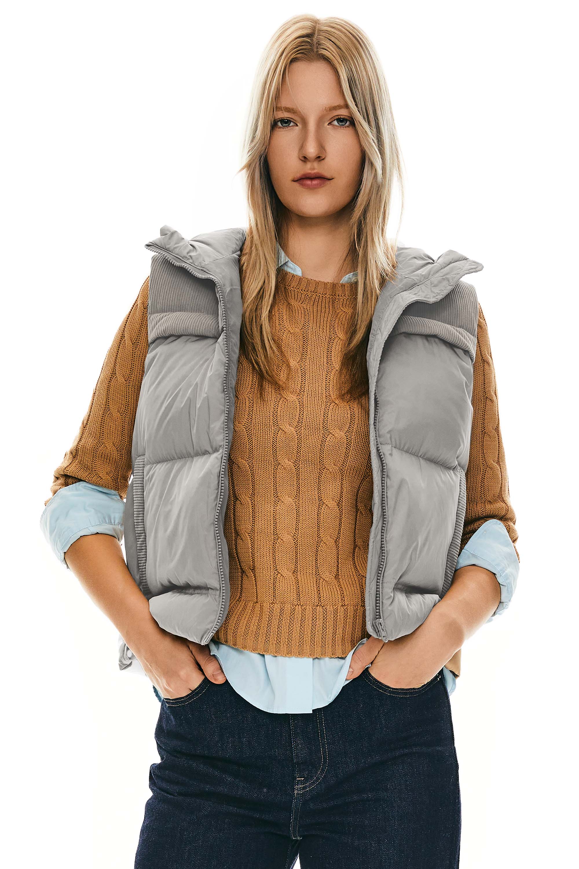 Orolay Hooded Puffer Down Vest Cropped Zip Up Lightweight #color_Gray