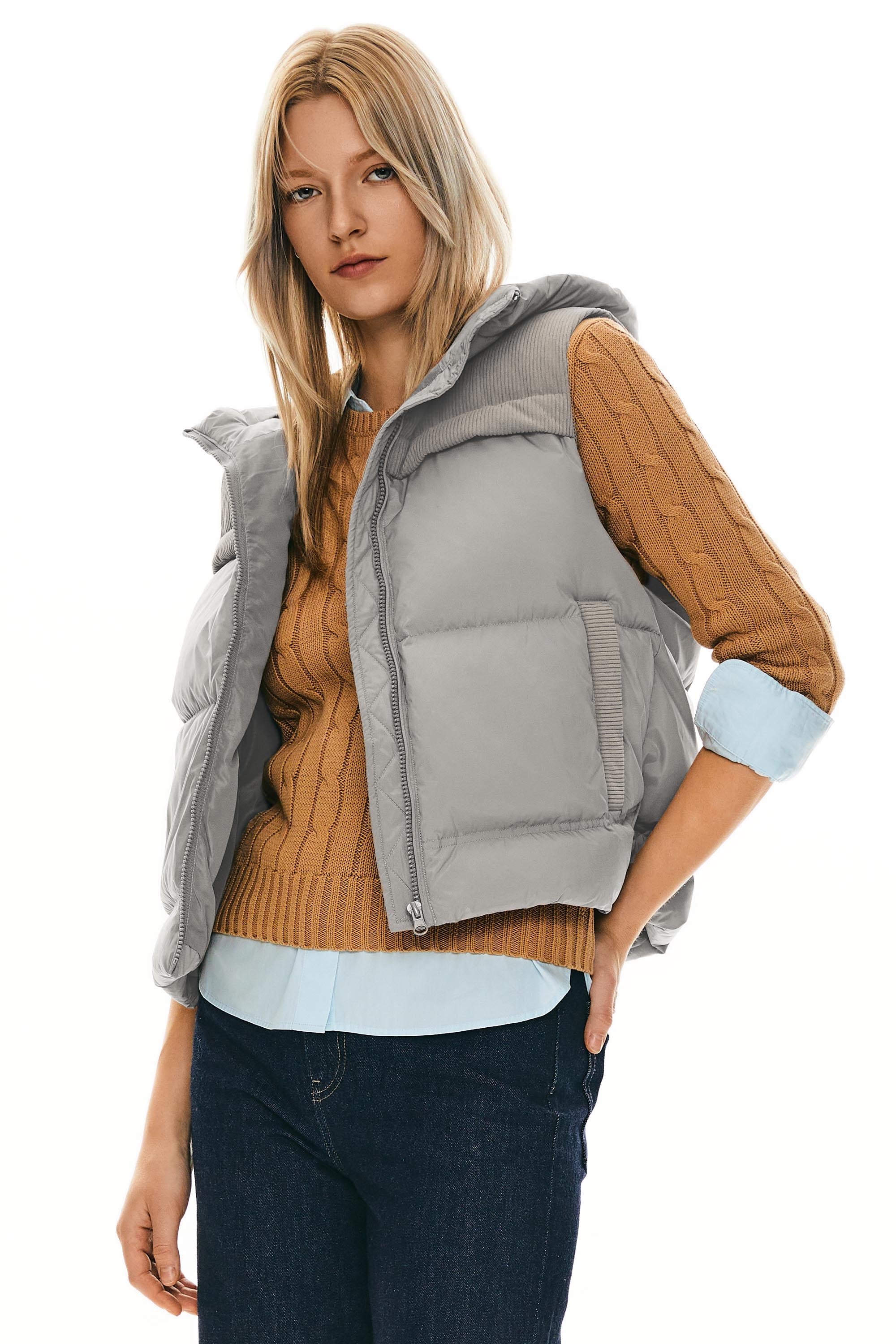 Orolay Hooded Puffer Down Vest Cropped Zip Up Lightweight #color_Gray