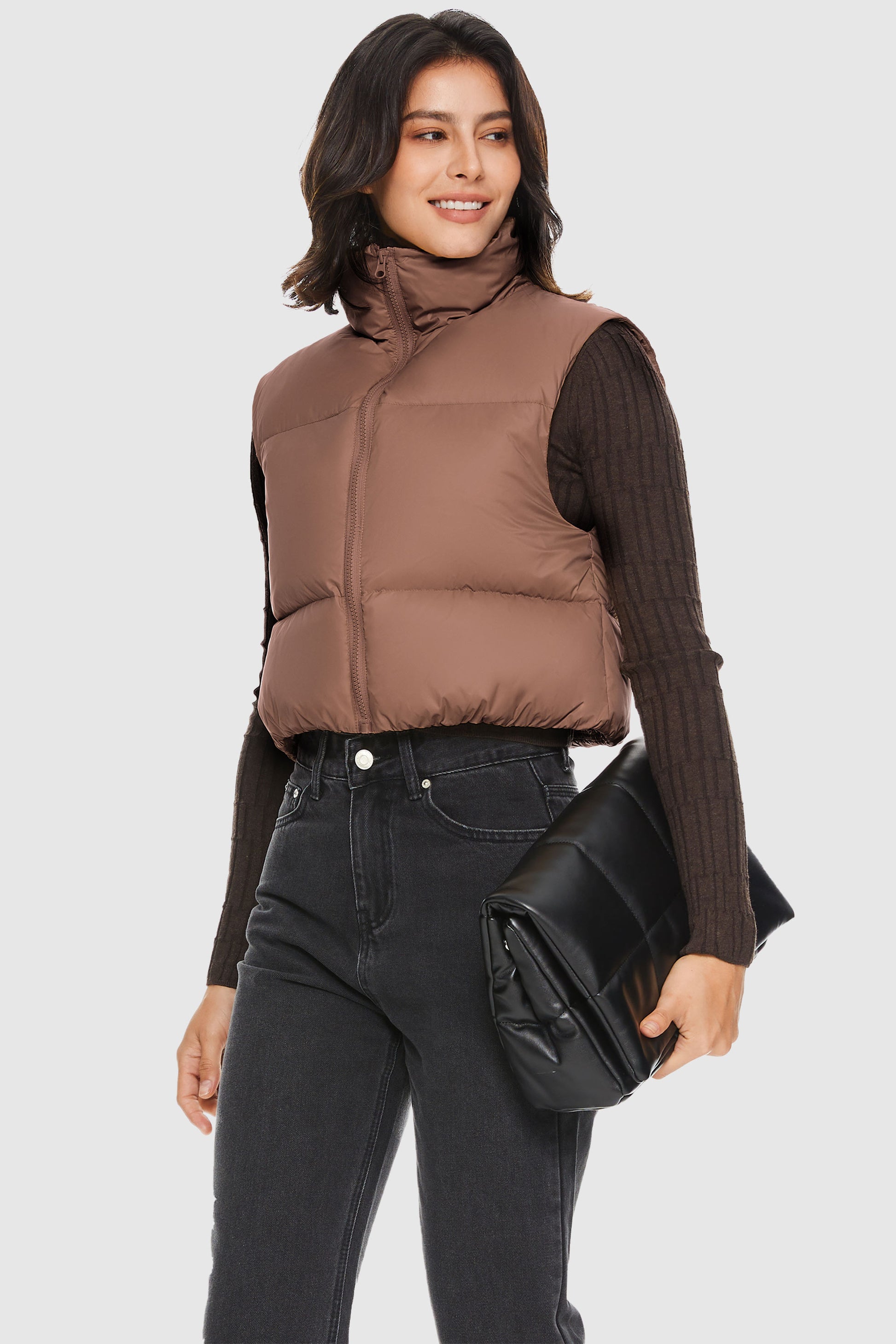 Women's Brown Puffer Vest- Brown Cropped Puffer Vest- Entro Clothing Vest Small