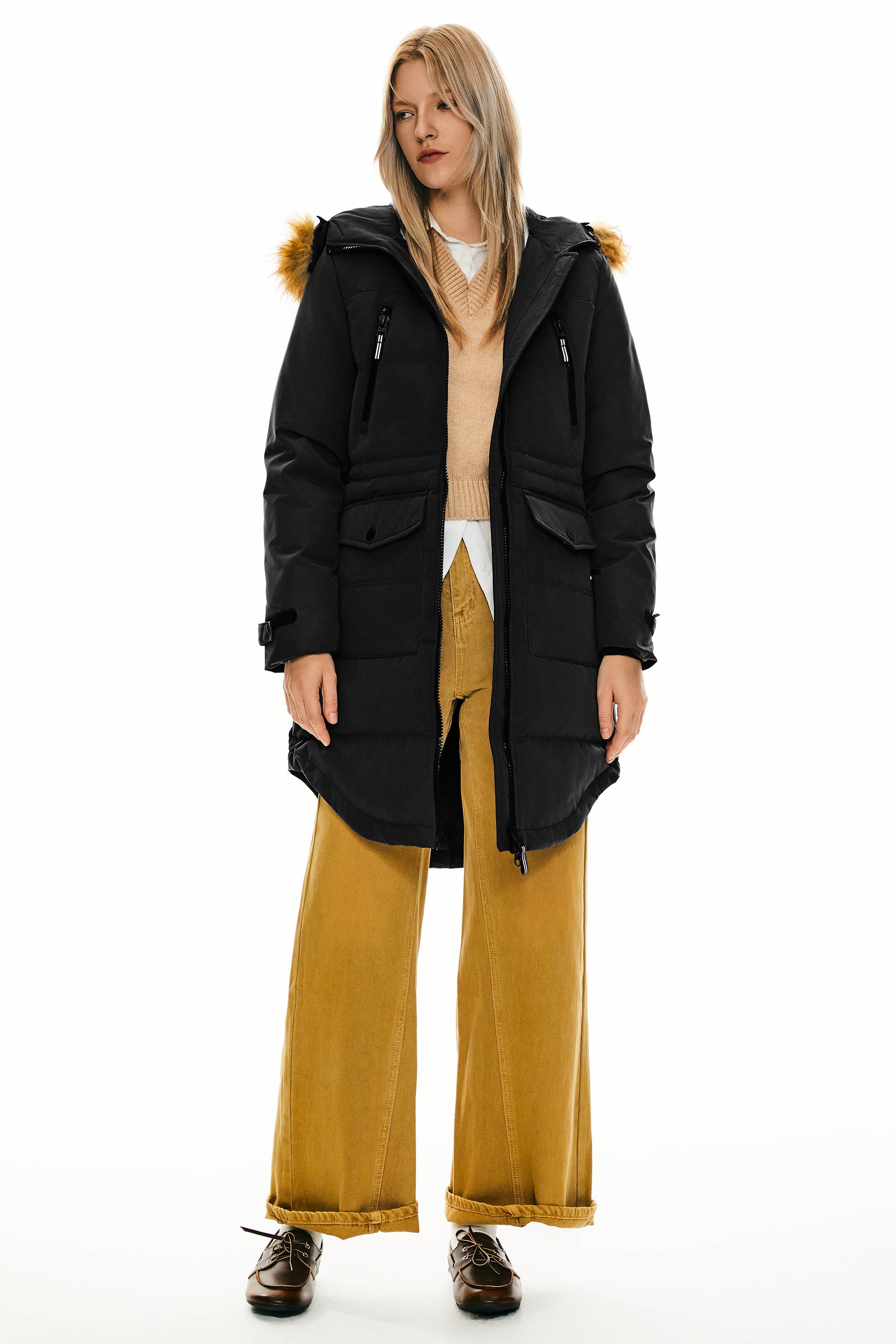 Orolay-Drawstring Hooded Thickened Down Coat-#color_Black