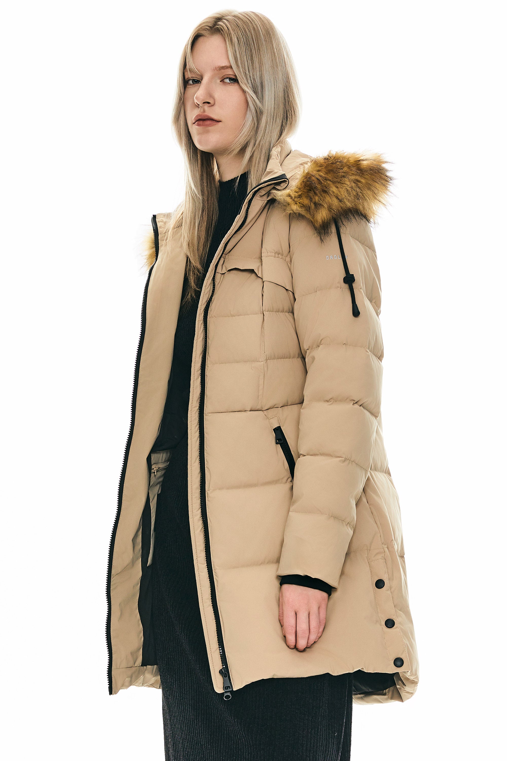 Orolay-Faux Fur Trim Hood Winter Down Jacket-#color_Sand