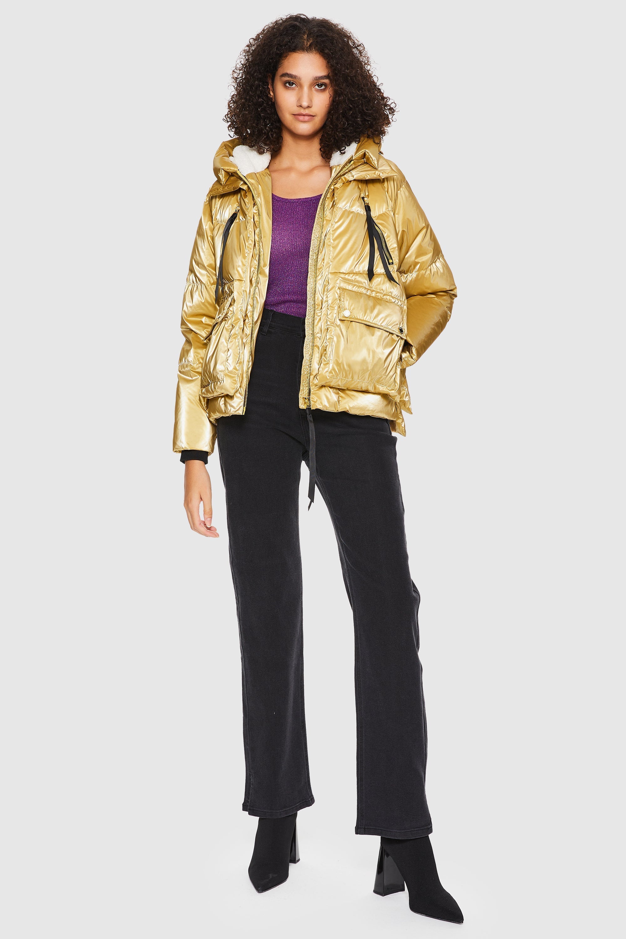 Orolay-092 Cosmos Cropped Crome Down Jacket-#color_Metallic Golden