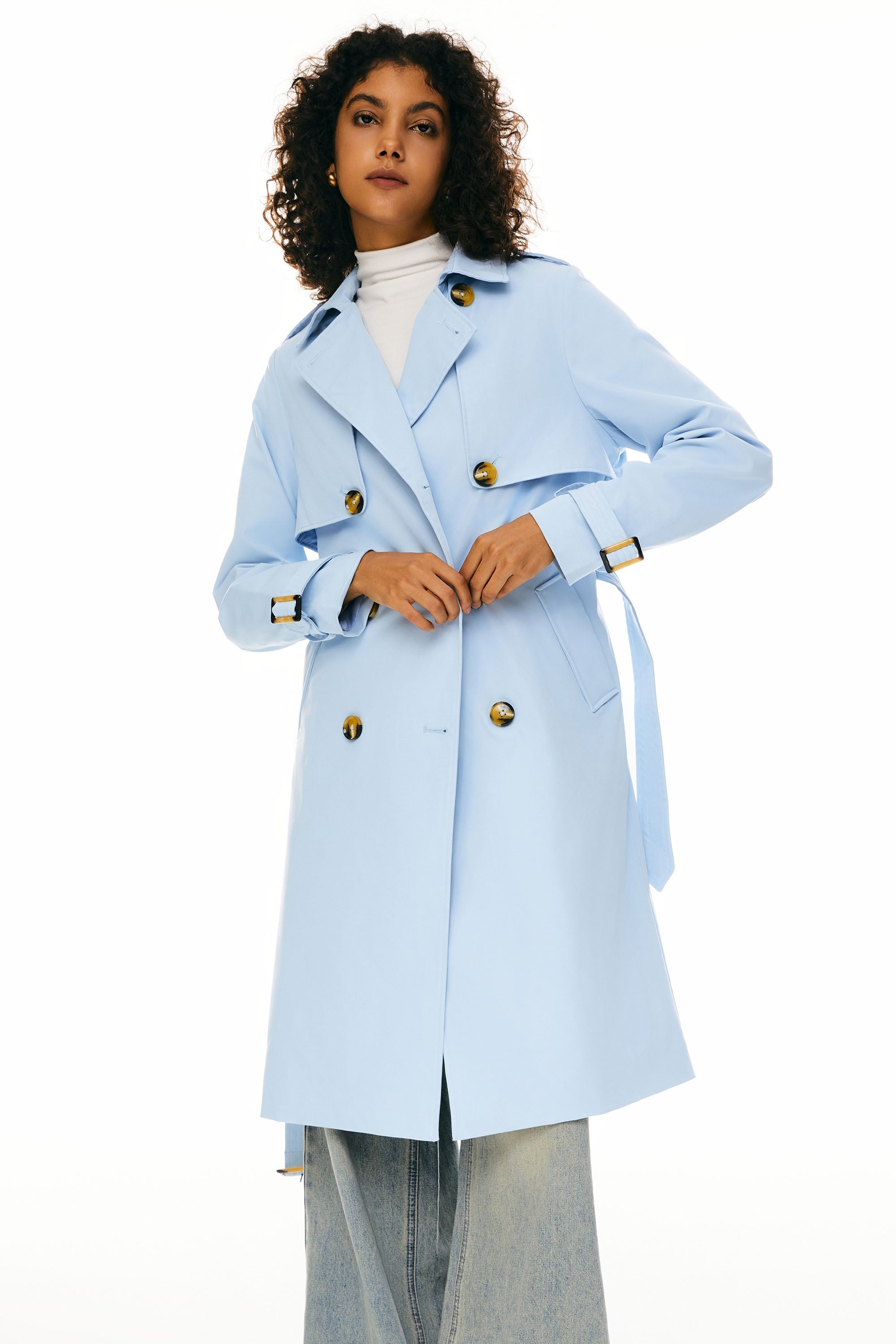 Orolay-3/4 Belted Double-Breasted Trench-women 3/4 Belted Double-Breasted Trench from Orolay - #color_Clear Sky