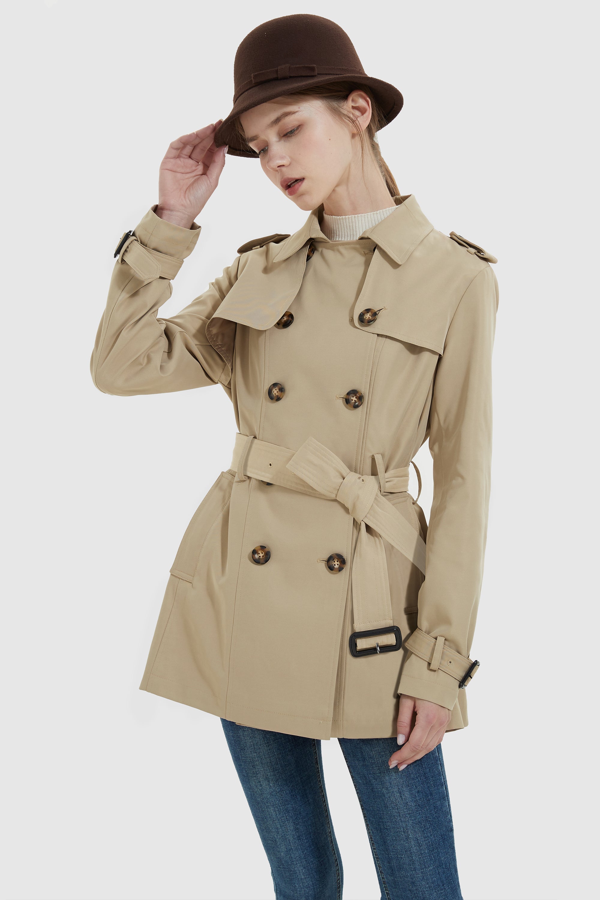 Orolay-3/4 Double-Breasted Short Trench-#color_Frosted Almond