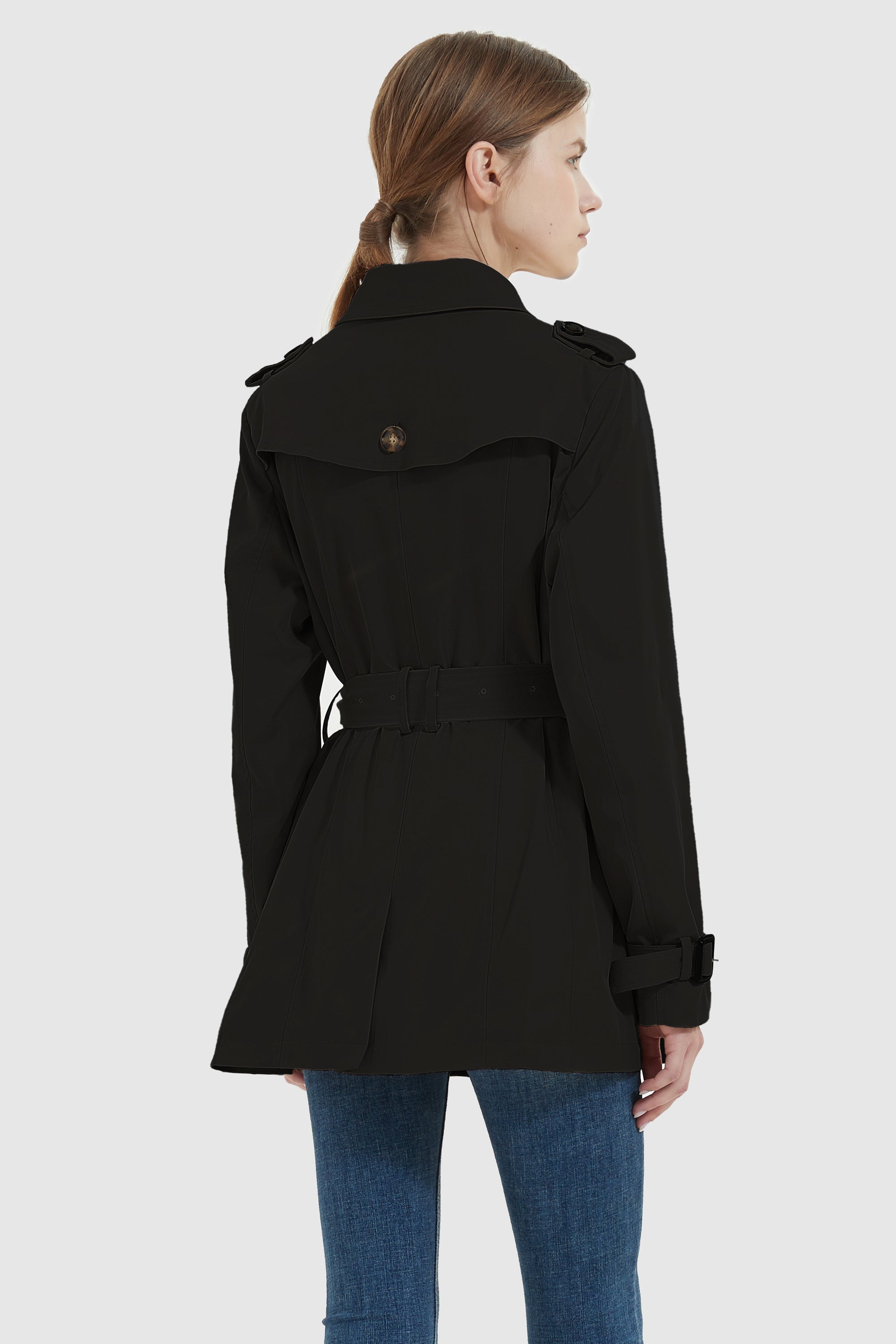 Orolay-3/4 Double-Breasted Short Trench-#color_Black