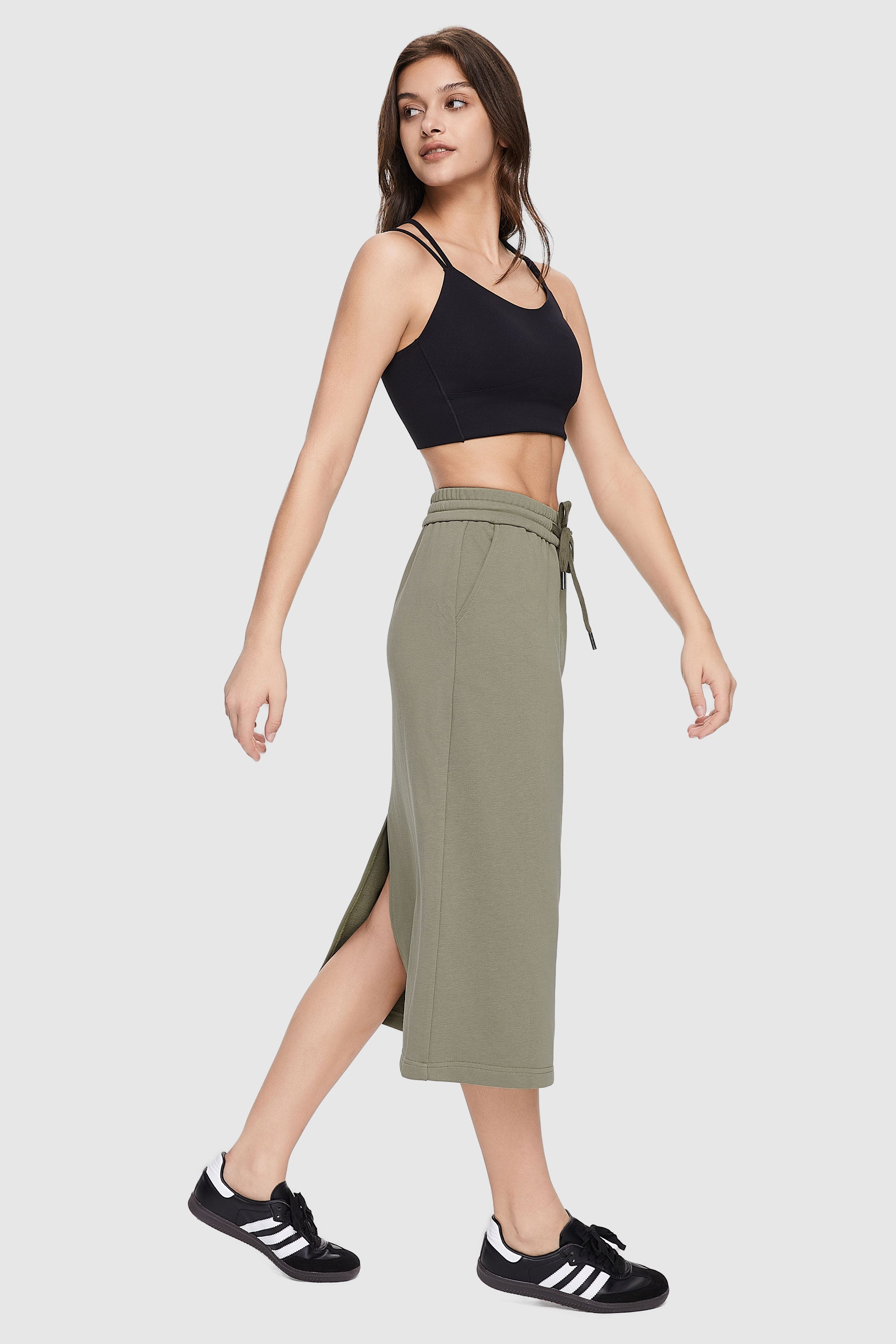 Orolay-Casual High Waisted Midi Skirt-Image 3 of Casual High Waisted Midi Skirt - #color_Alfalfa