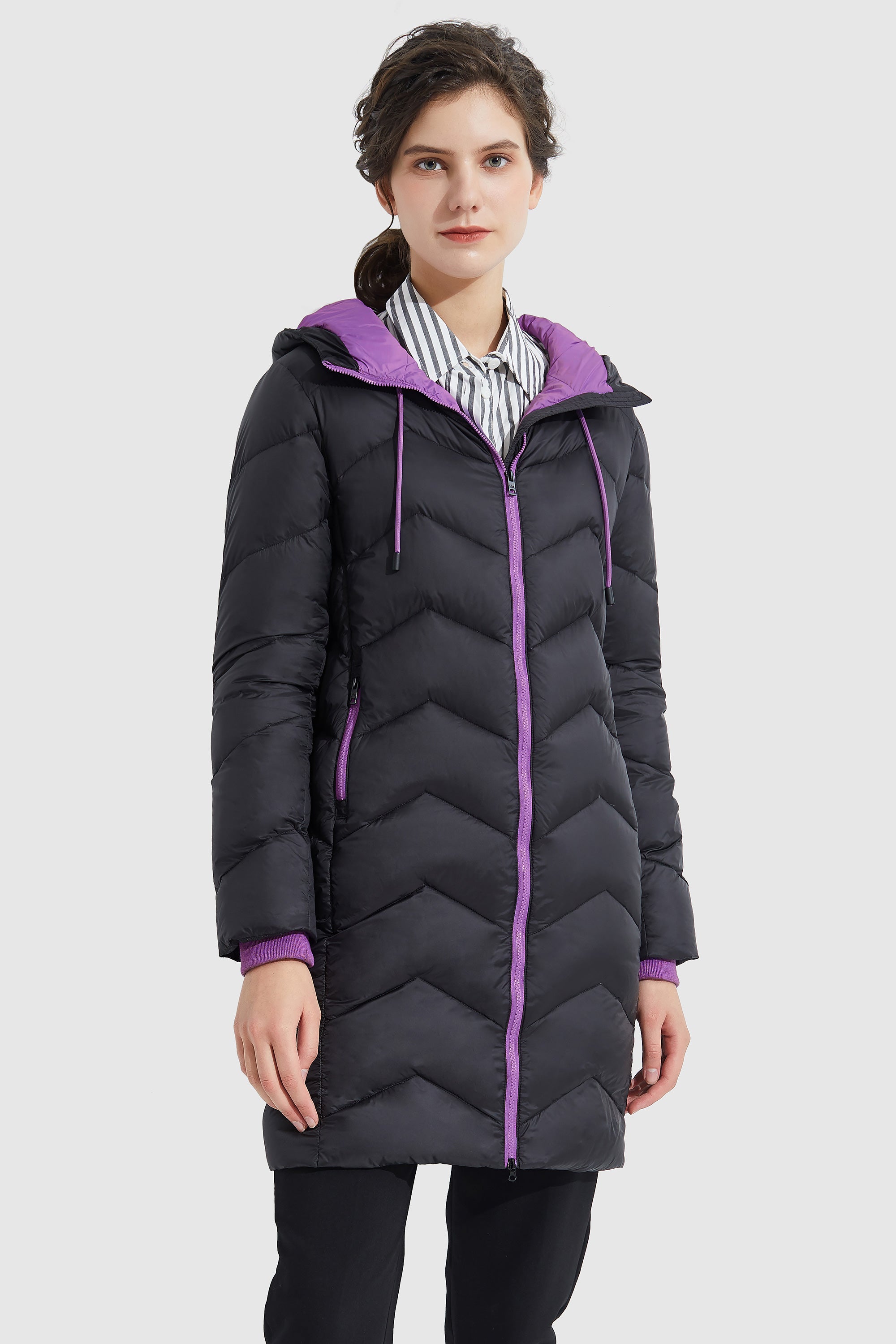 Orolay-Contrast Color Hooded Down Coat-#color_Black