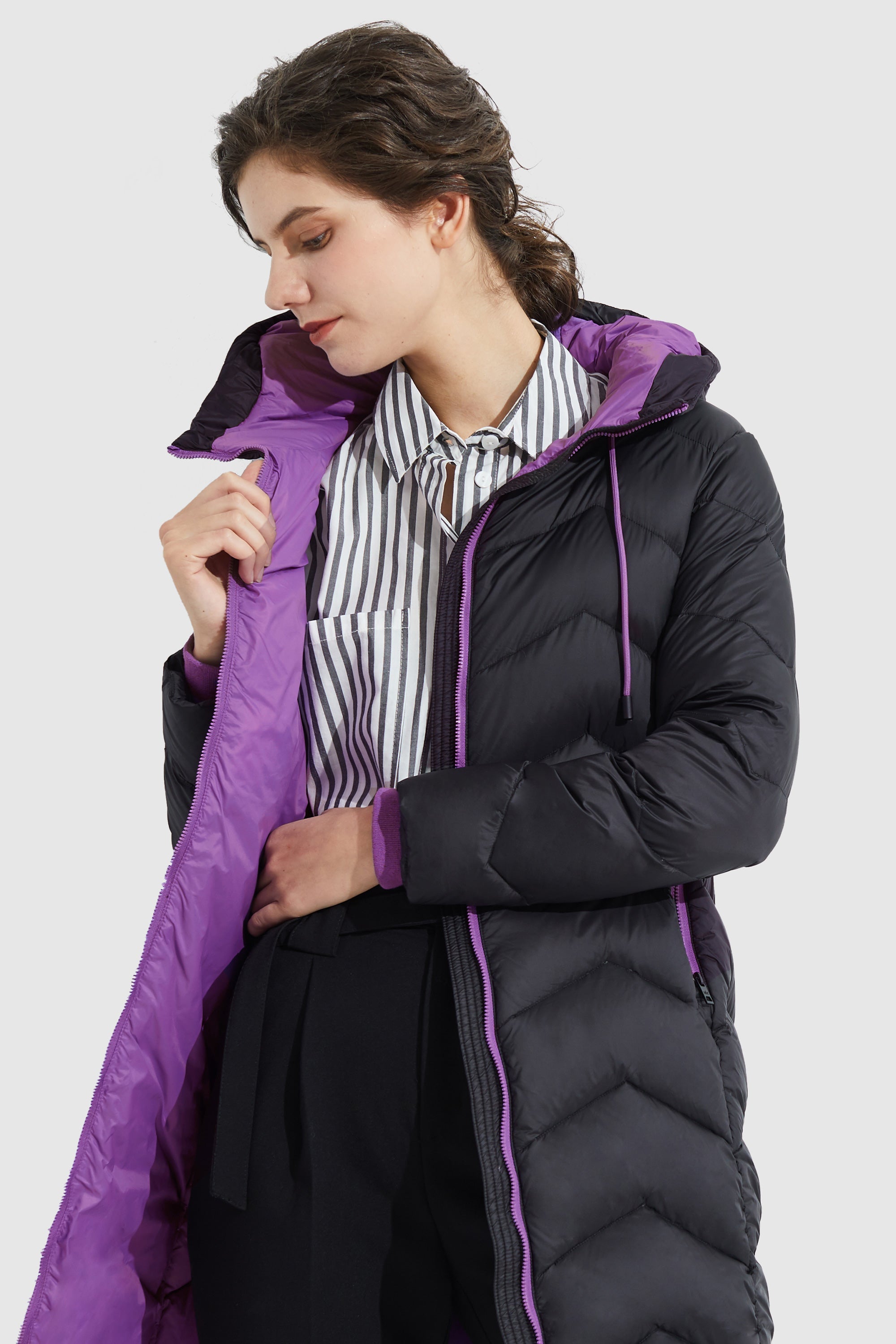 Orolay-Contrast Color Hooded Down Coat-#color_Black