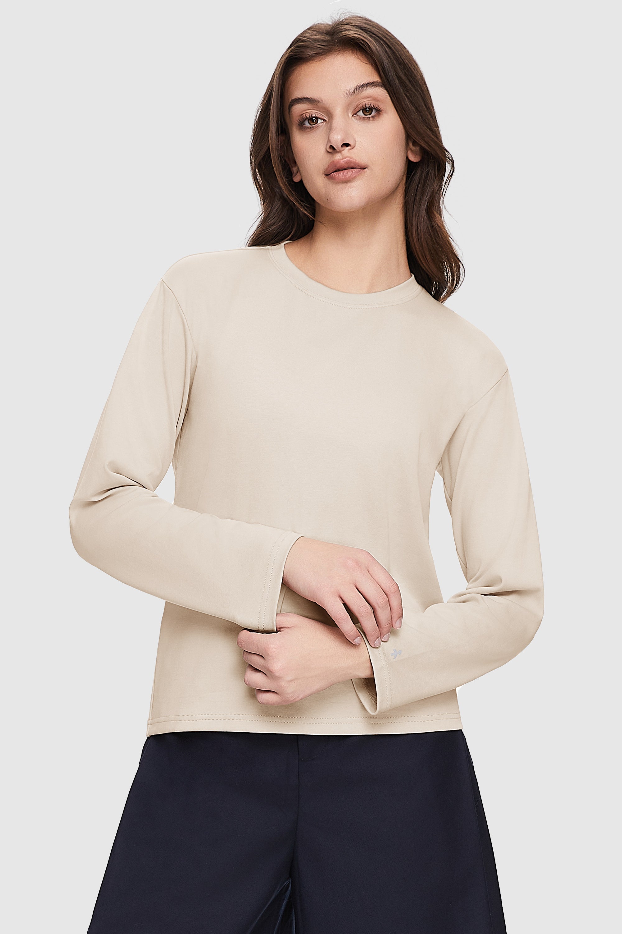 Orolay-Crewneck Long Sleeve Shirt-Image 1 of Crew Neck Long Sleeve Shirt from Orolay - #color_Beige