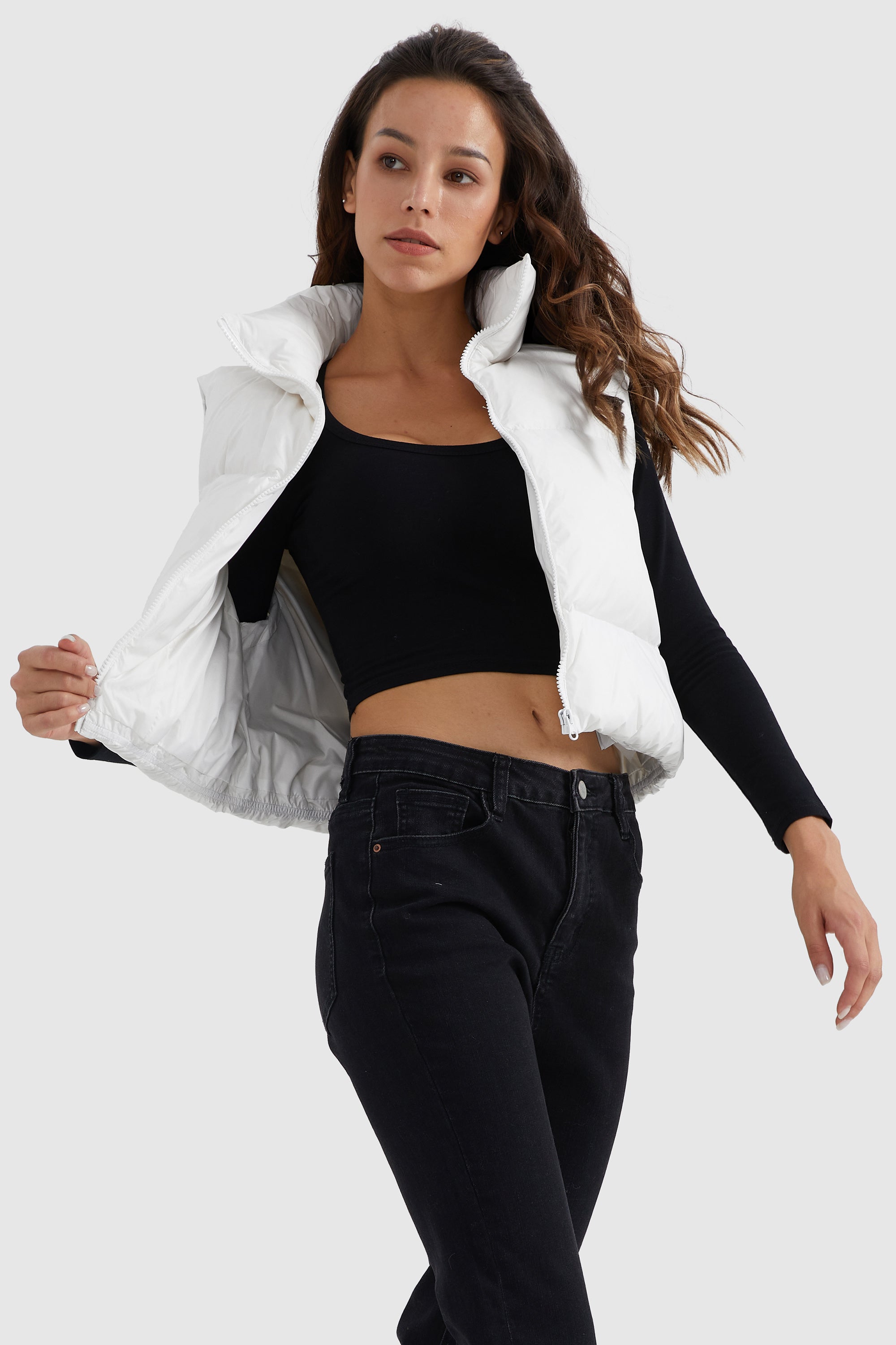 Orolay-Cropped Puffer Down Vest-#color_White