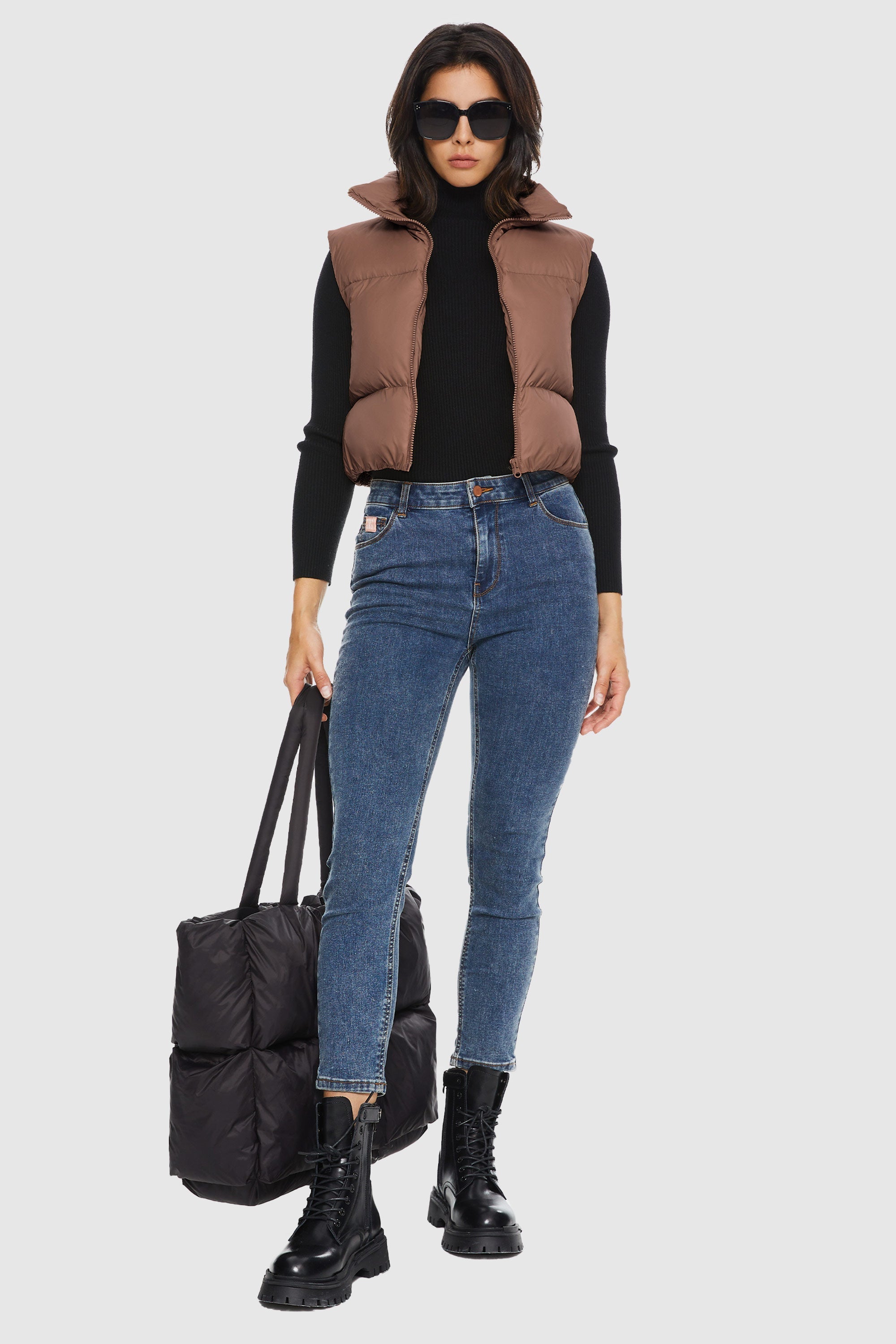 Orolay-Cropped Puffer Down Vest-#color_Bombay Brown