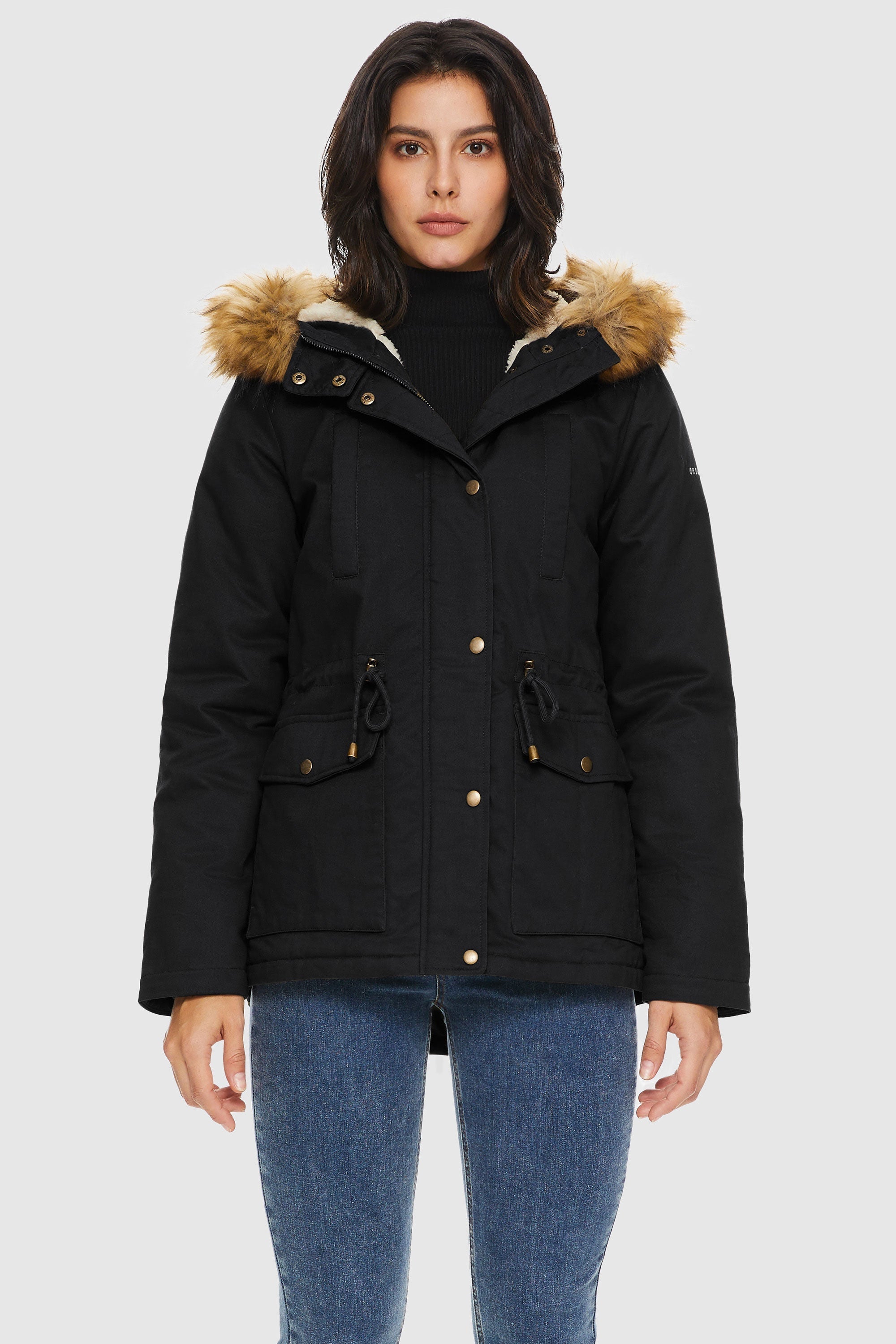 Orolay-Detachable Faux Fur Winter Parka Jacket-#color_Black