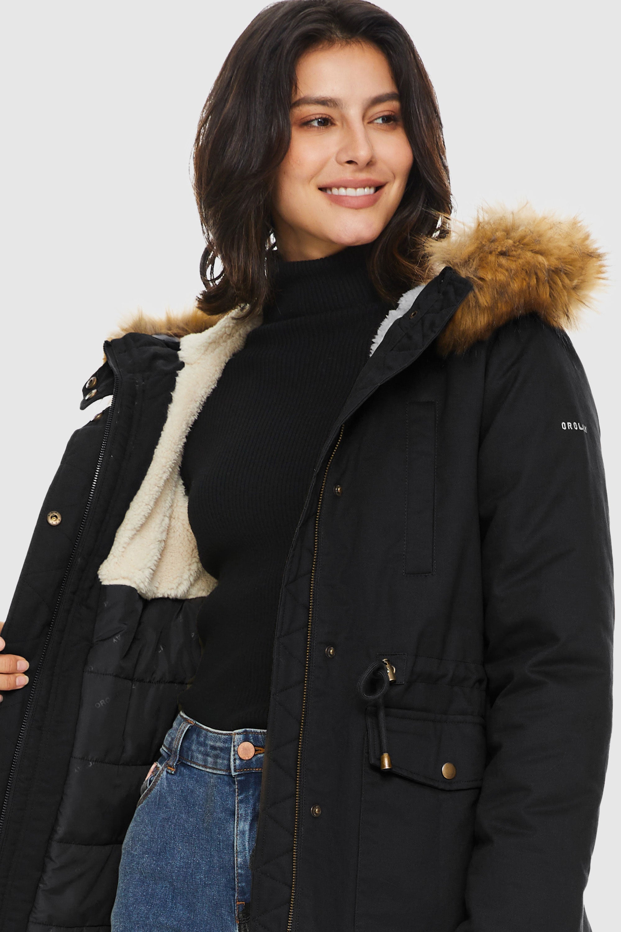 Orolay-Detachable Faux Fur Winter Parka Jacket-#color_Black