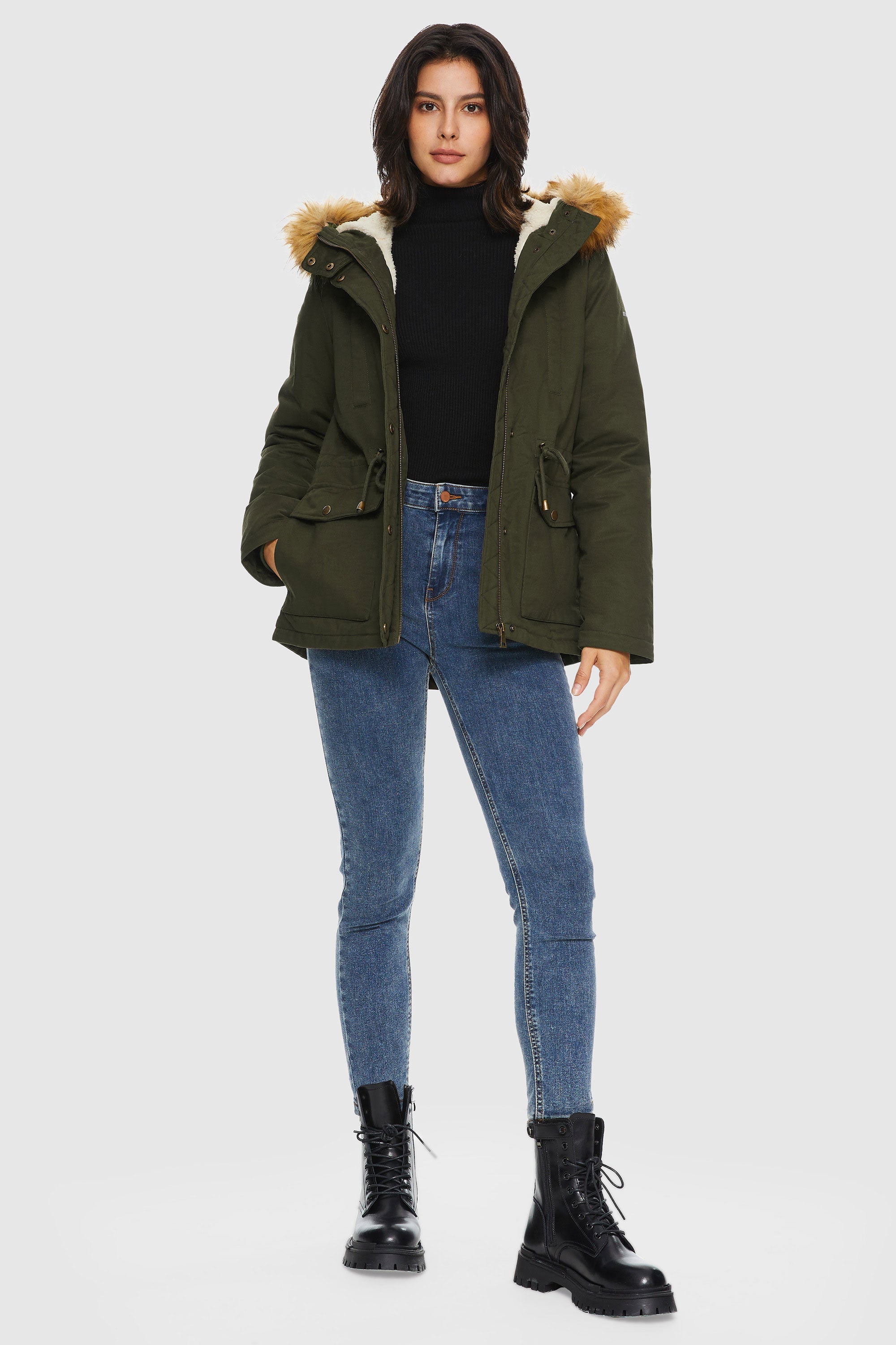 Orolay-Detachable Faux Fur Winter Parka Jacket-#color_Chive