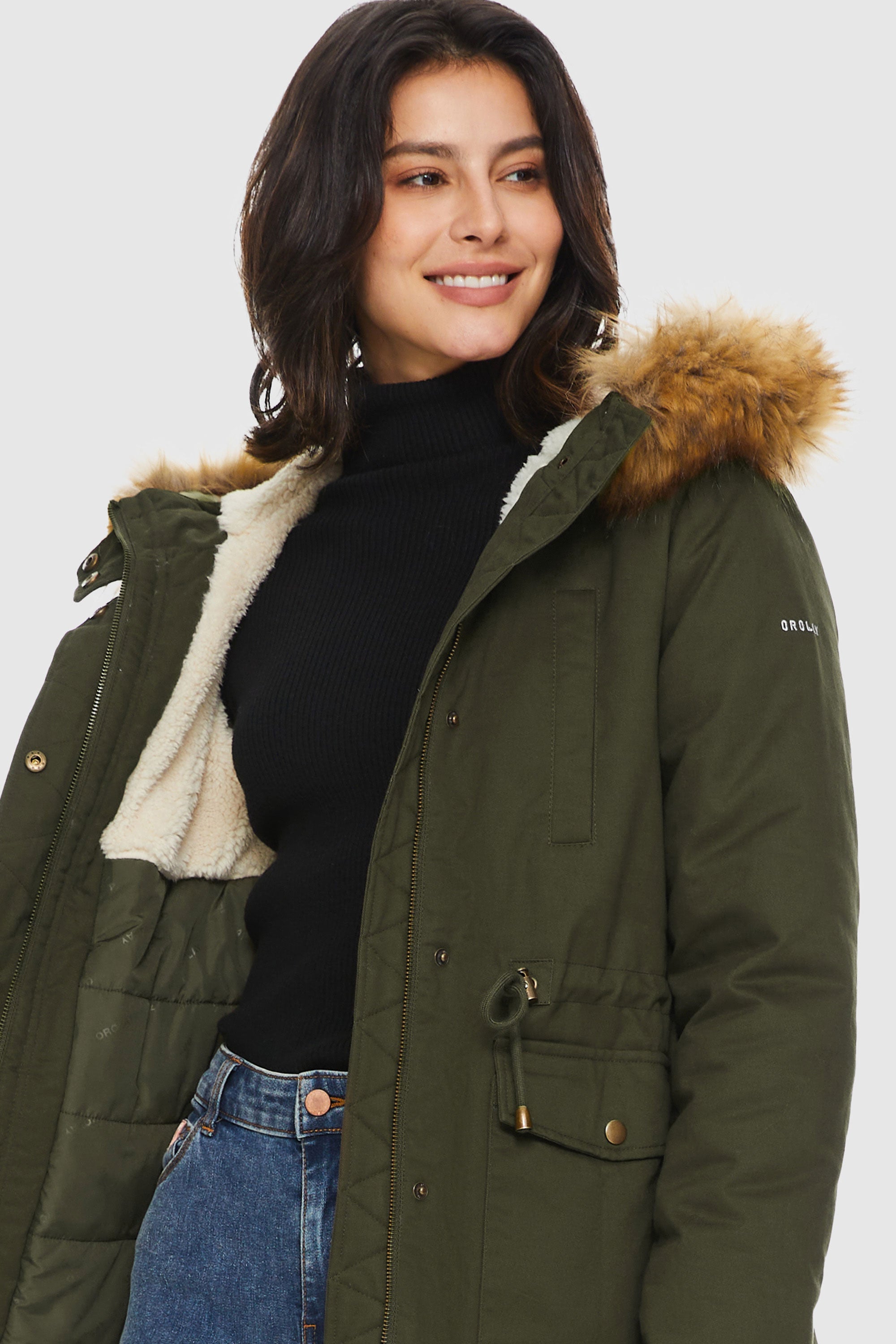 Orolay-Detachable Faux Fur Winter Parka Jacket-#color_Chive