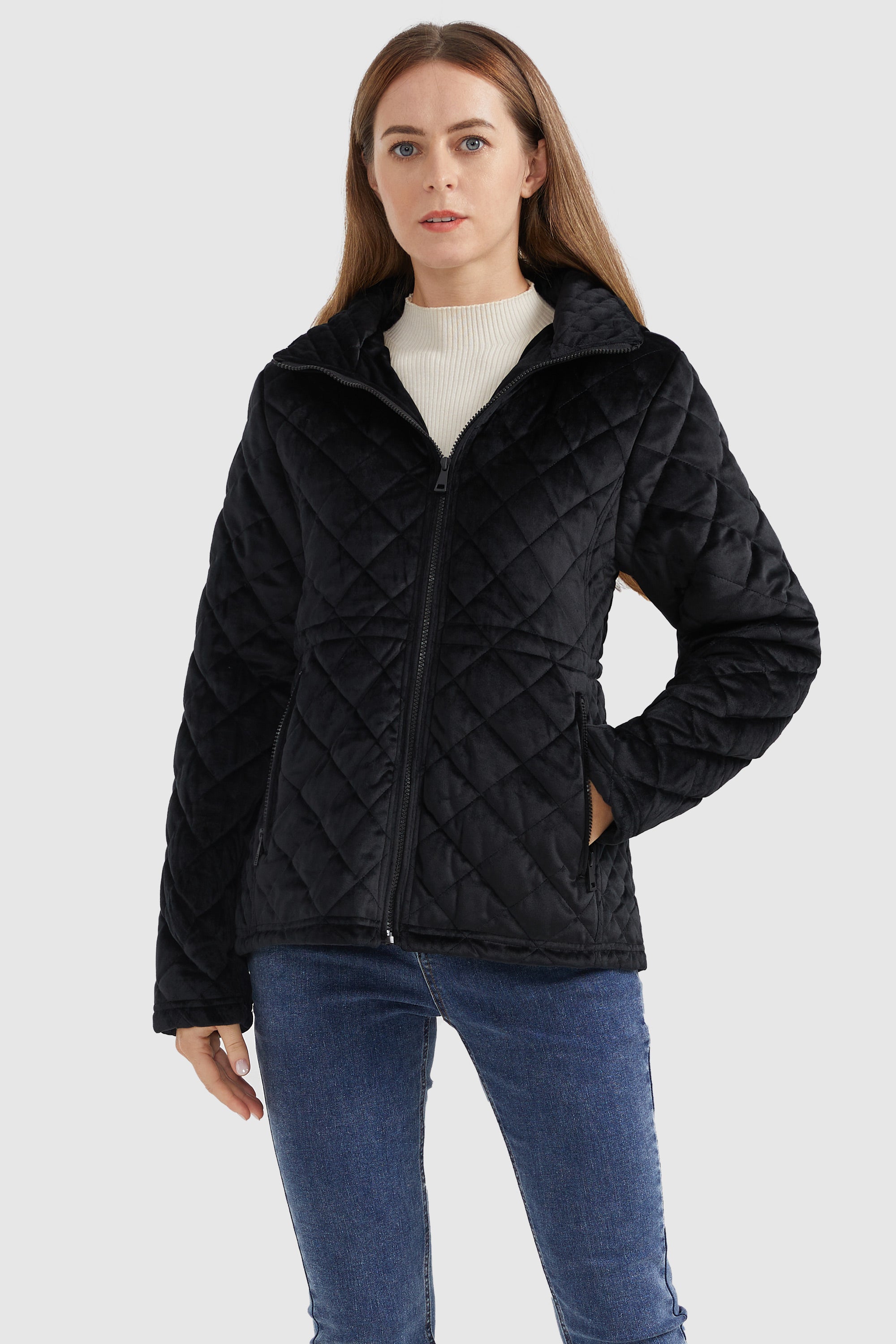 Orolay-Diamond Quilted Drawstring Waist Winter Coat-#color_Black