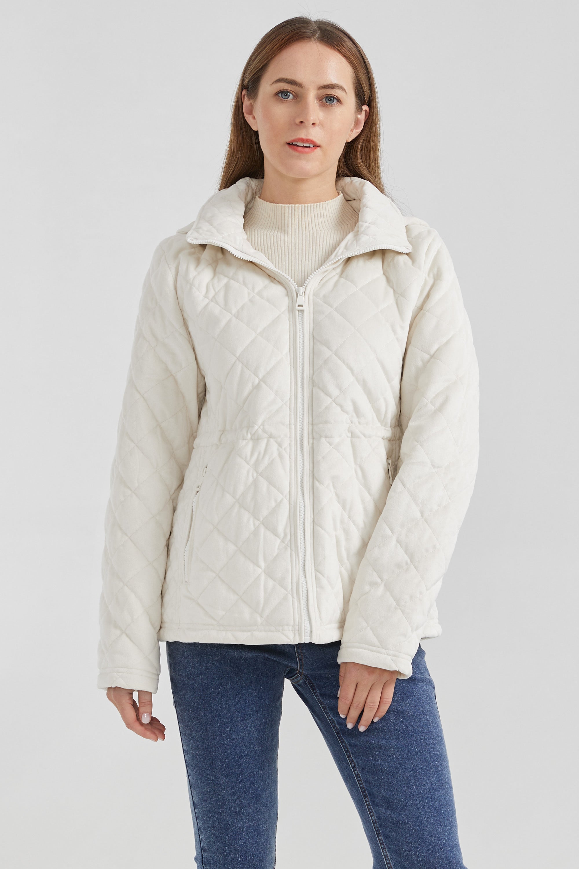 Orolay-Diamond Quilted Drawstring Waist Winter Coat-#color_White