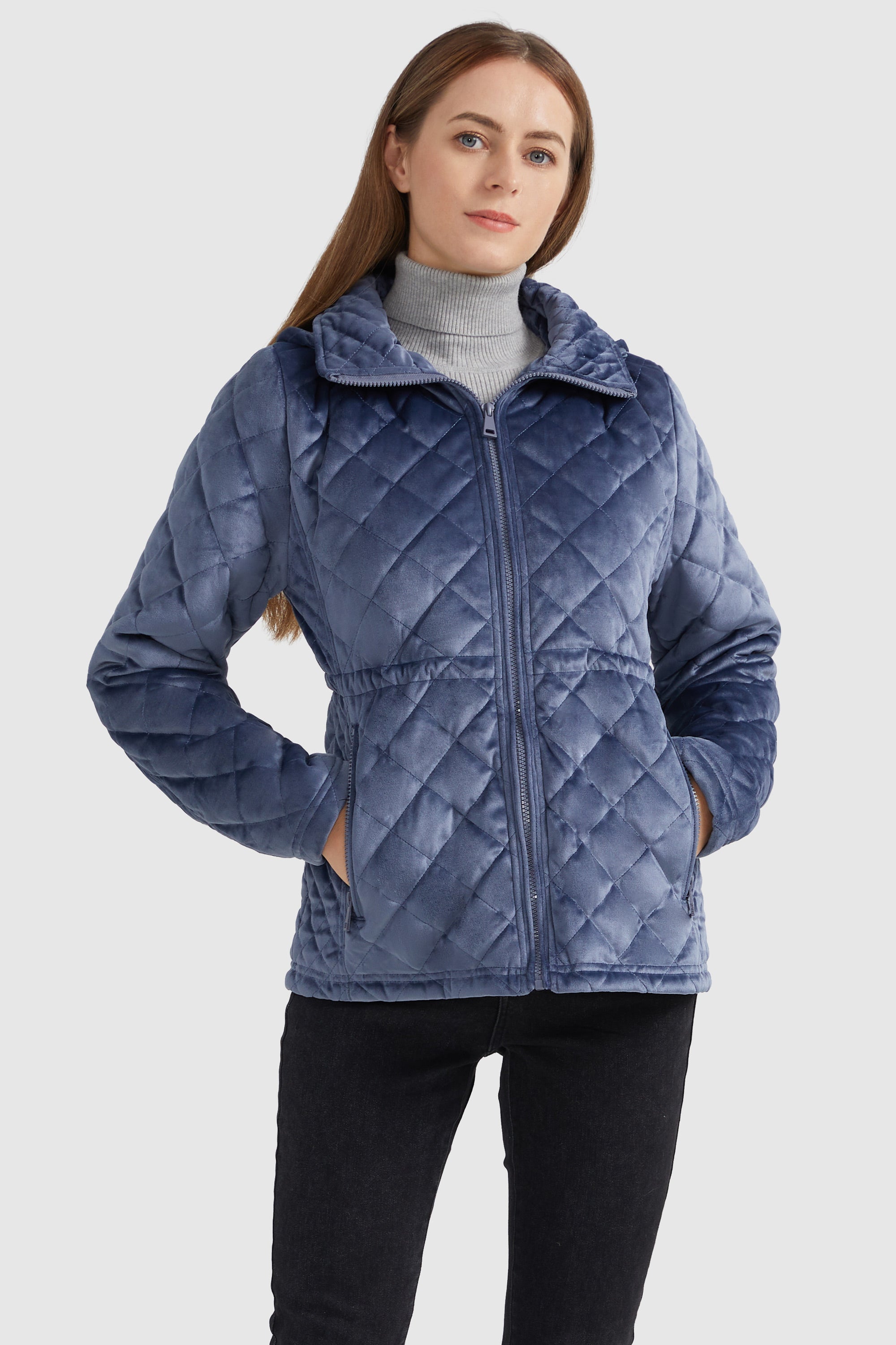 Orolay-Diamond Quilted Drawstring Waist Winter Coat-#color_True Blue