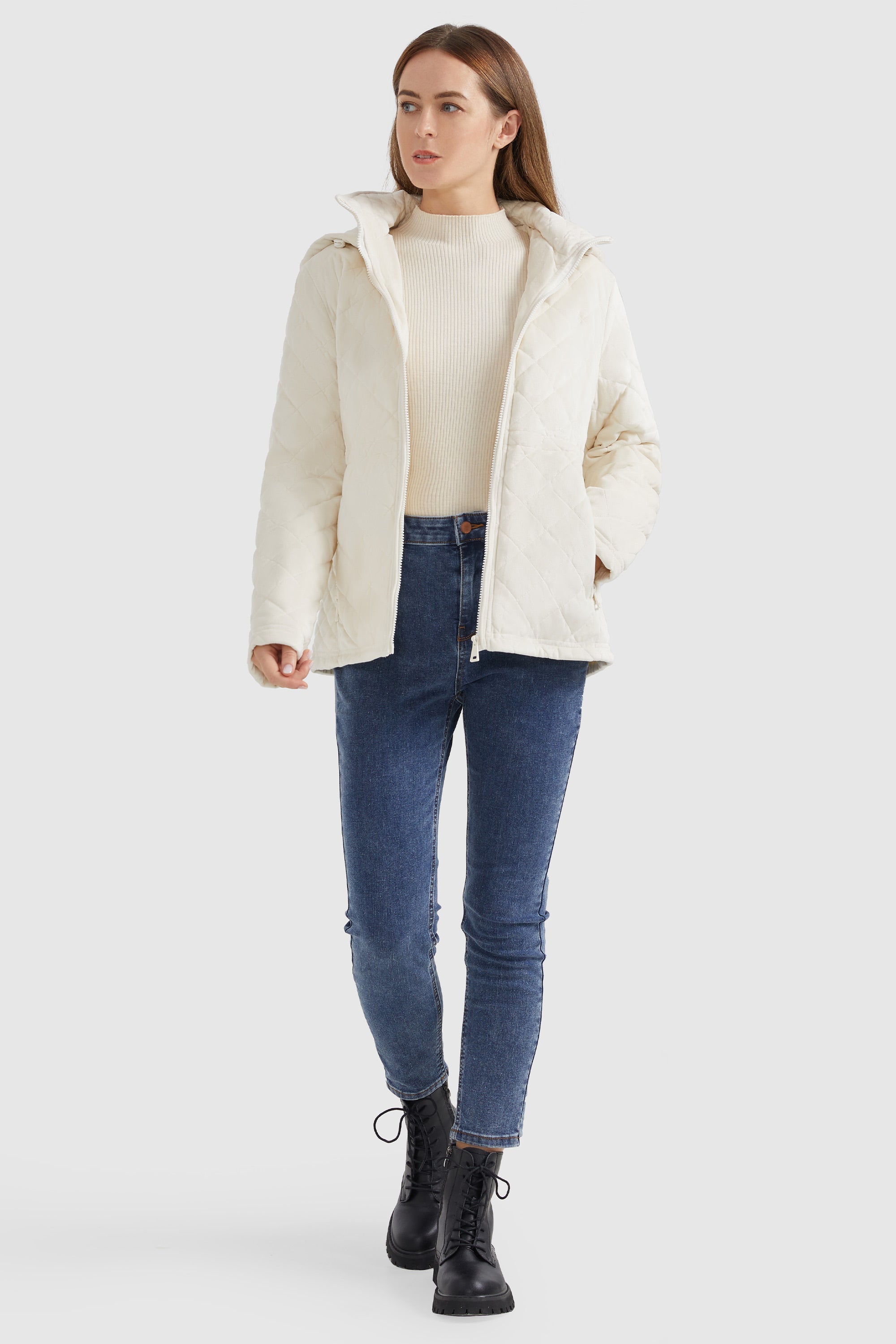 Orolay-Diamond Quilted Drawstring Waist Winter Coat-#color_White