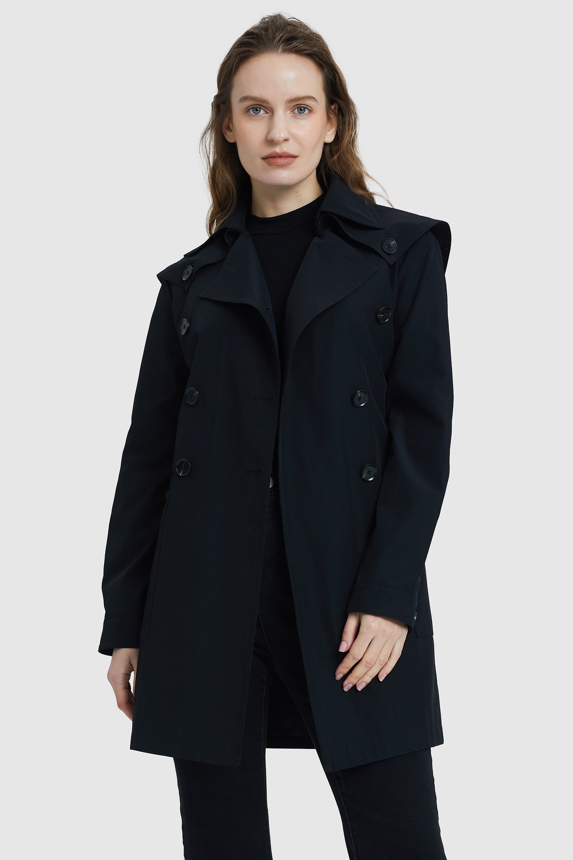 Orolay-Double-Breasted Belted Lapel Trench-#color_Black