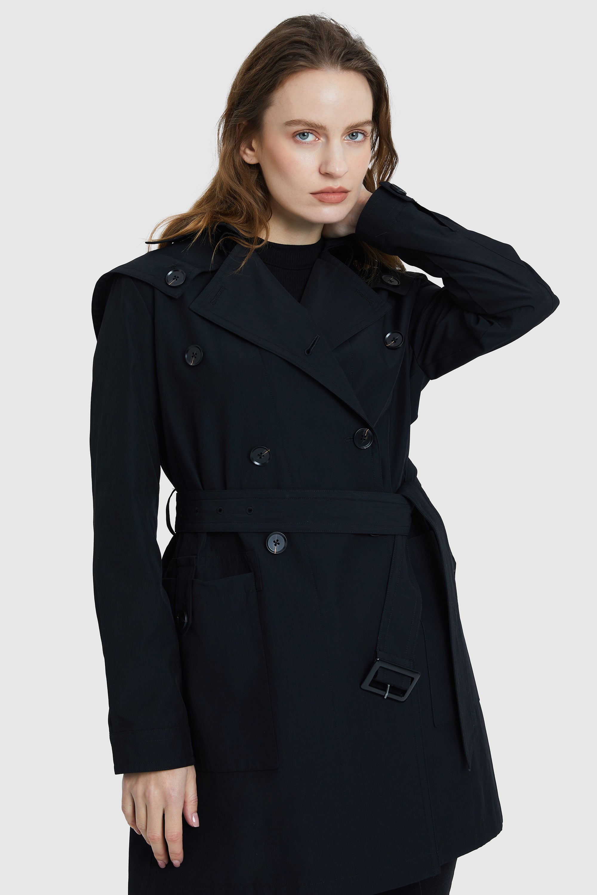 Orolay-Double-Breasted Belted Lapel Trench-#color_Black