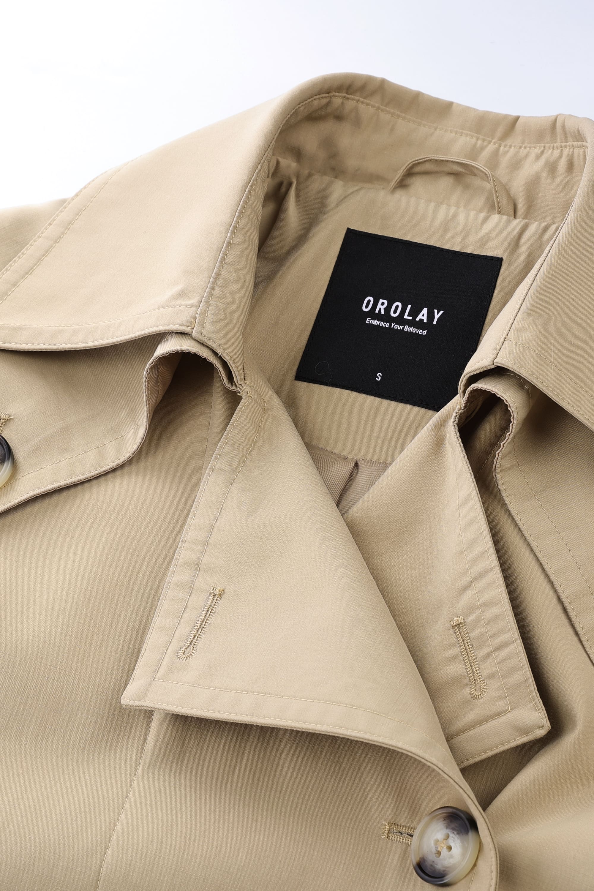 Orolay-Double-Breasted Belted Lapel Trench-#color_Frosted Almond