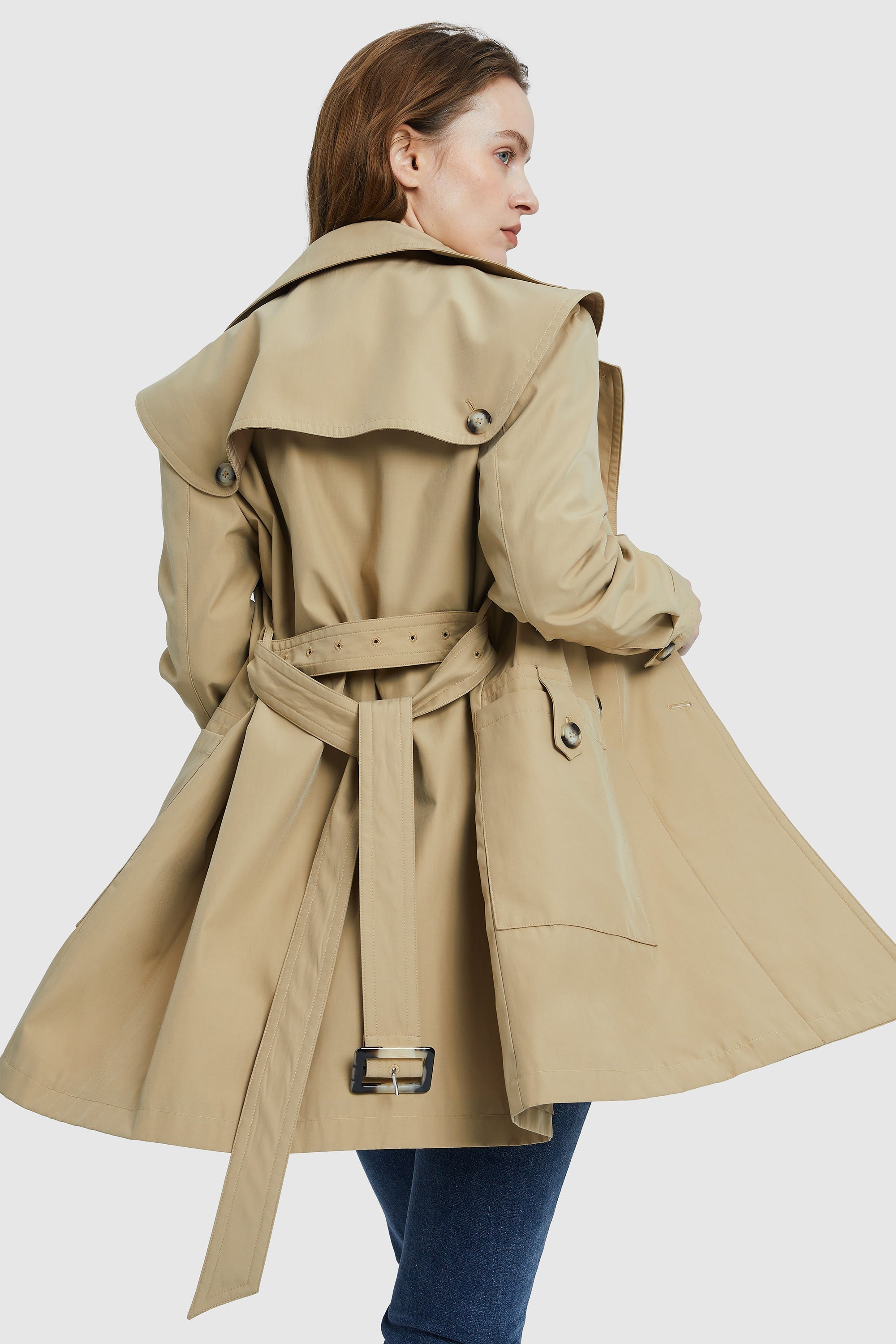 Orolay-Double-Breasted Belted Lapel Trench-#color_Frosted Almond