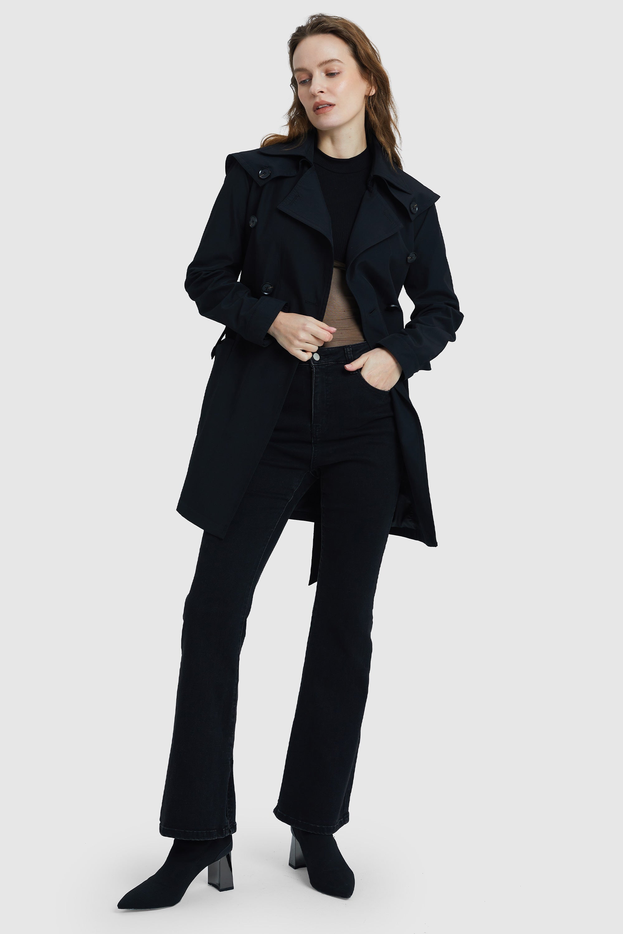 Orolay-Double-Breasted Belted Lapel Trench-#color_Black