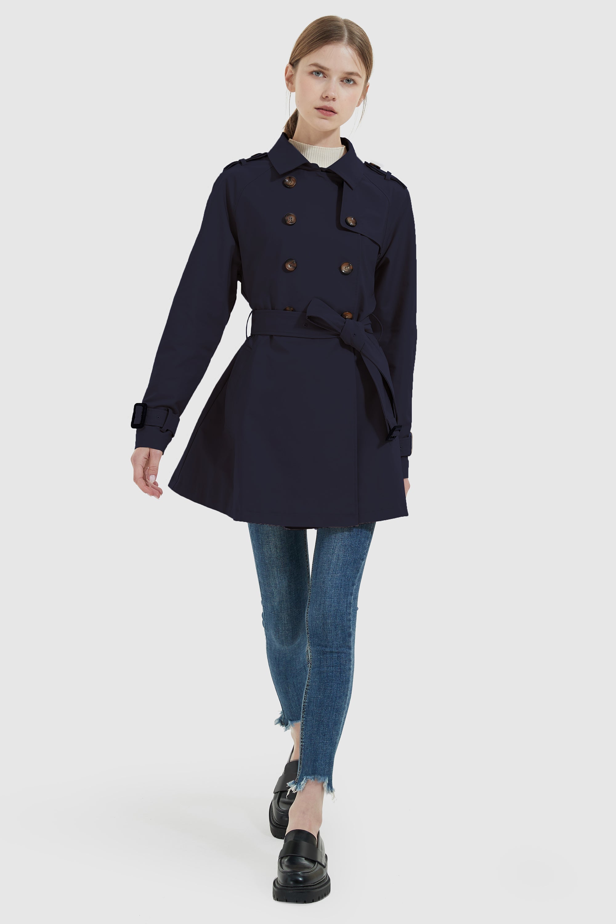 Orolay-Double-Breasted Short Belted Trench-#color_Night Sky