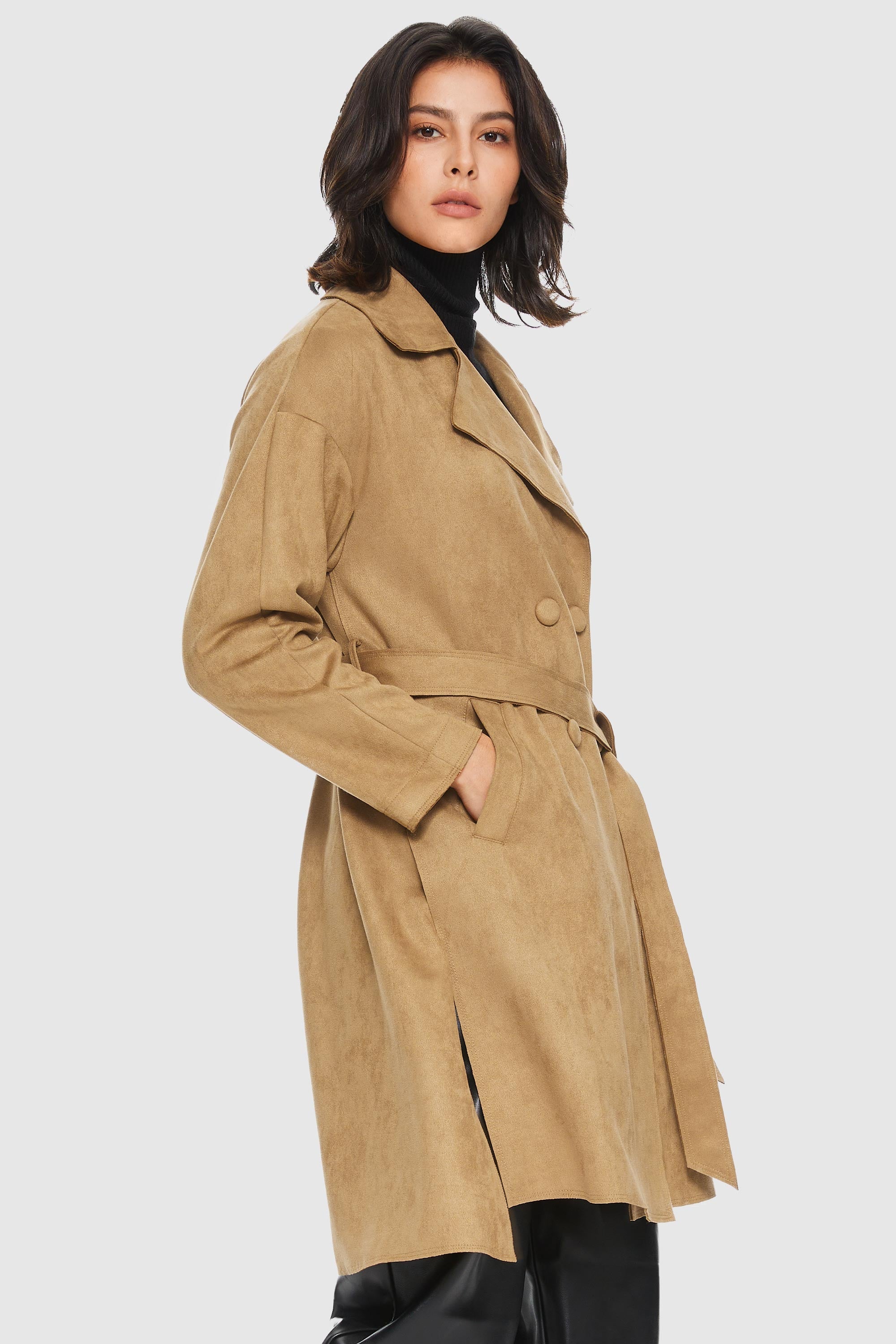 Orolay-Double-Breasted Suede Trench-#color_Sand