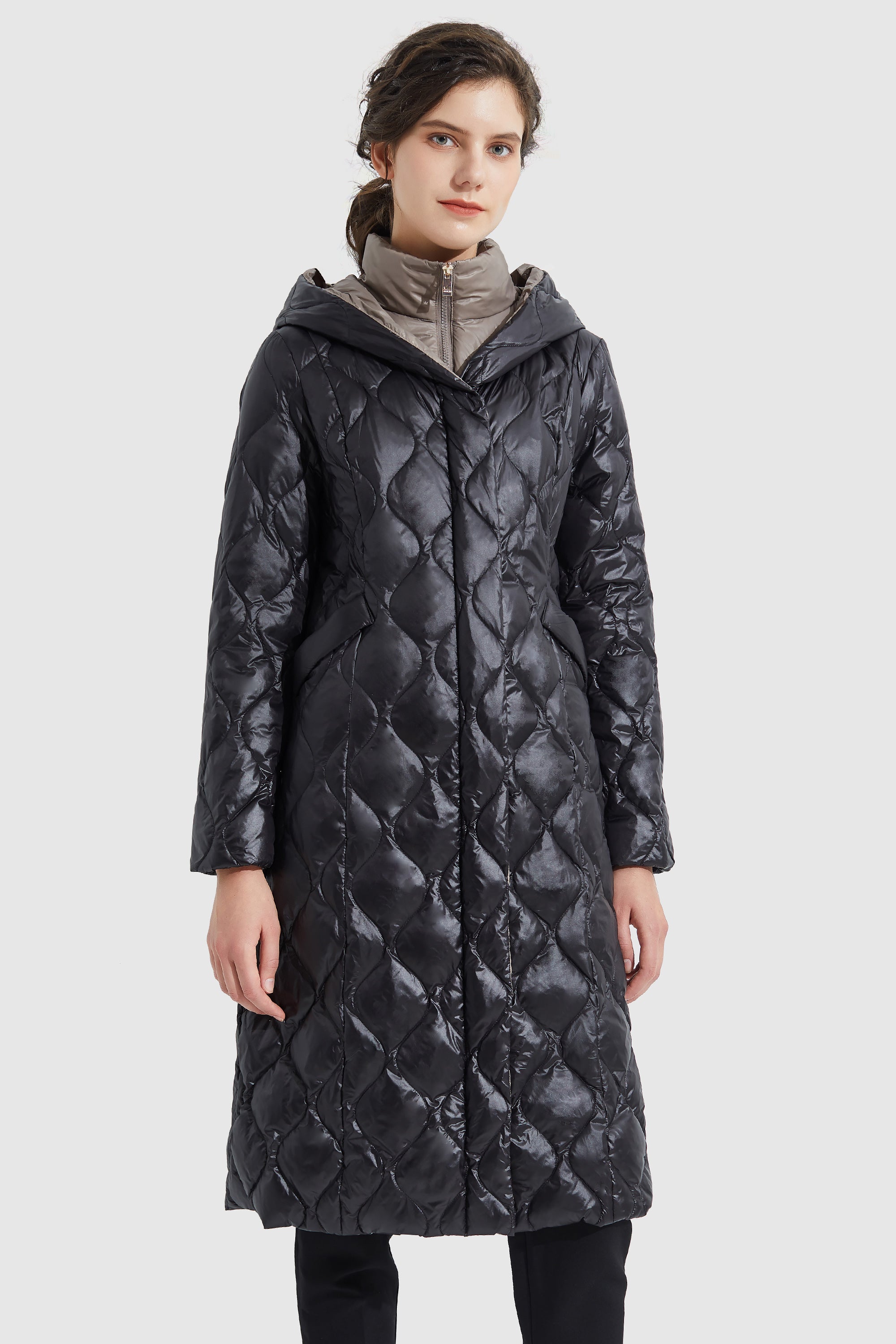 Orolay-Double Layer Removable Hood Down Coat-#color_Black