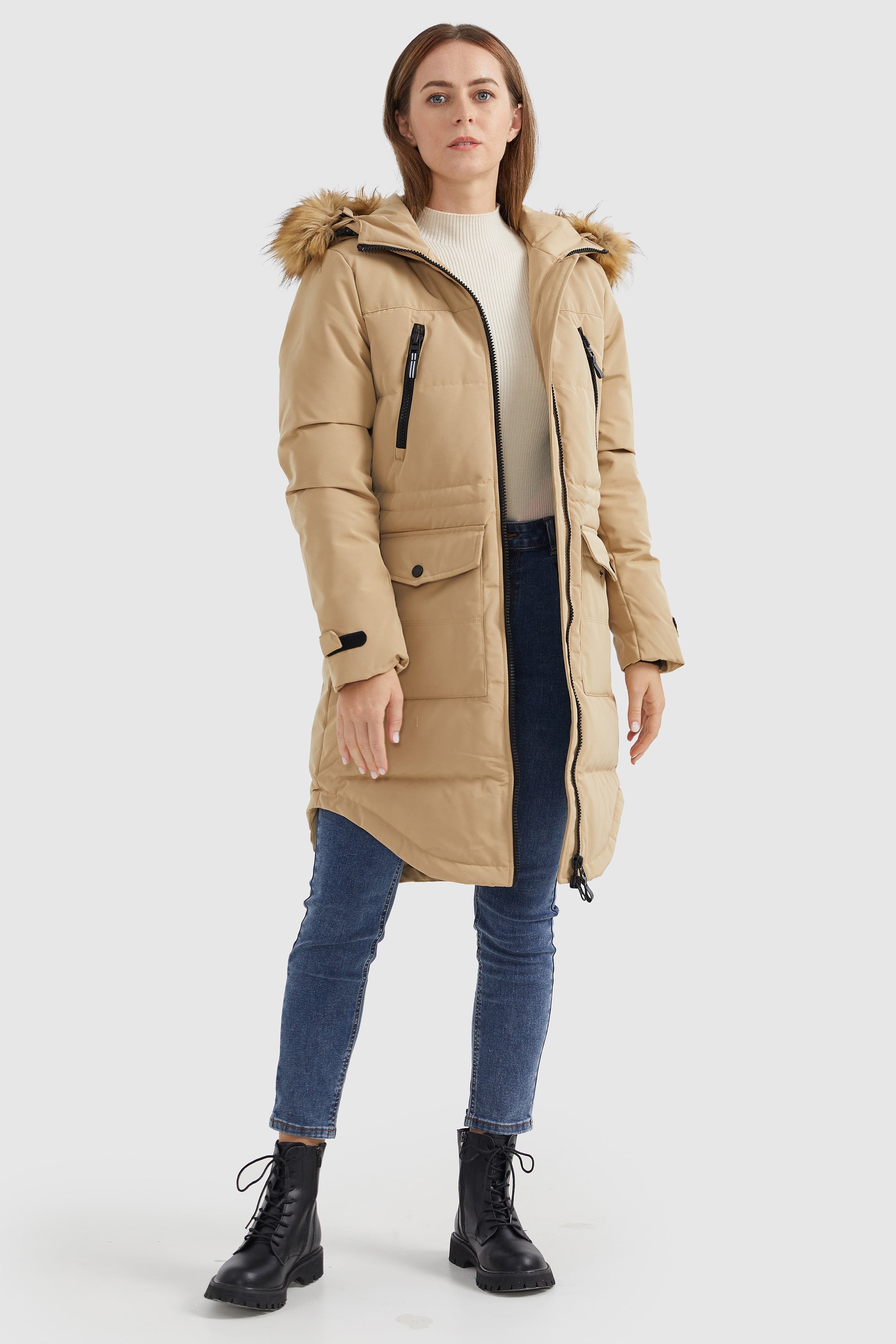 Orolay-Drawstring Hooded Thickened Down Coat-#color_Sand