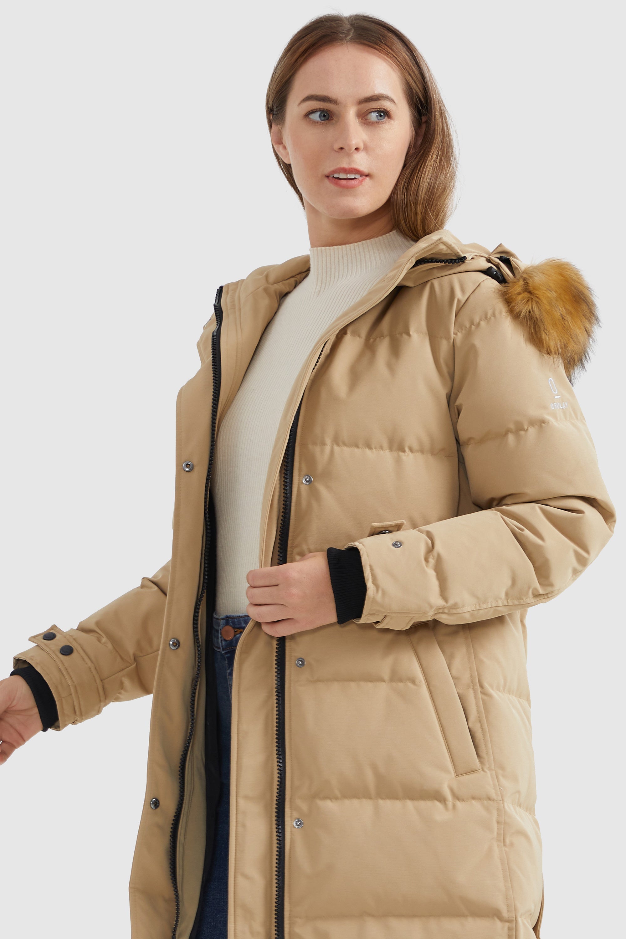 Orolay-Drawstring Hooded Thickened Puffer Down Coat-#color_Sand