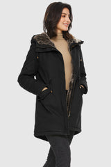 Orolay-Faux Fur Lined Military Fleece Parka-#color_Black