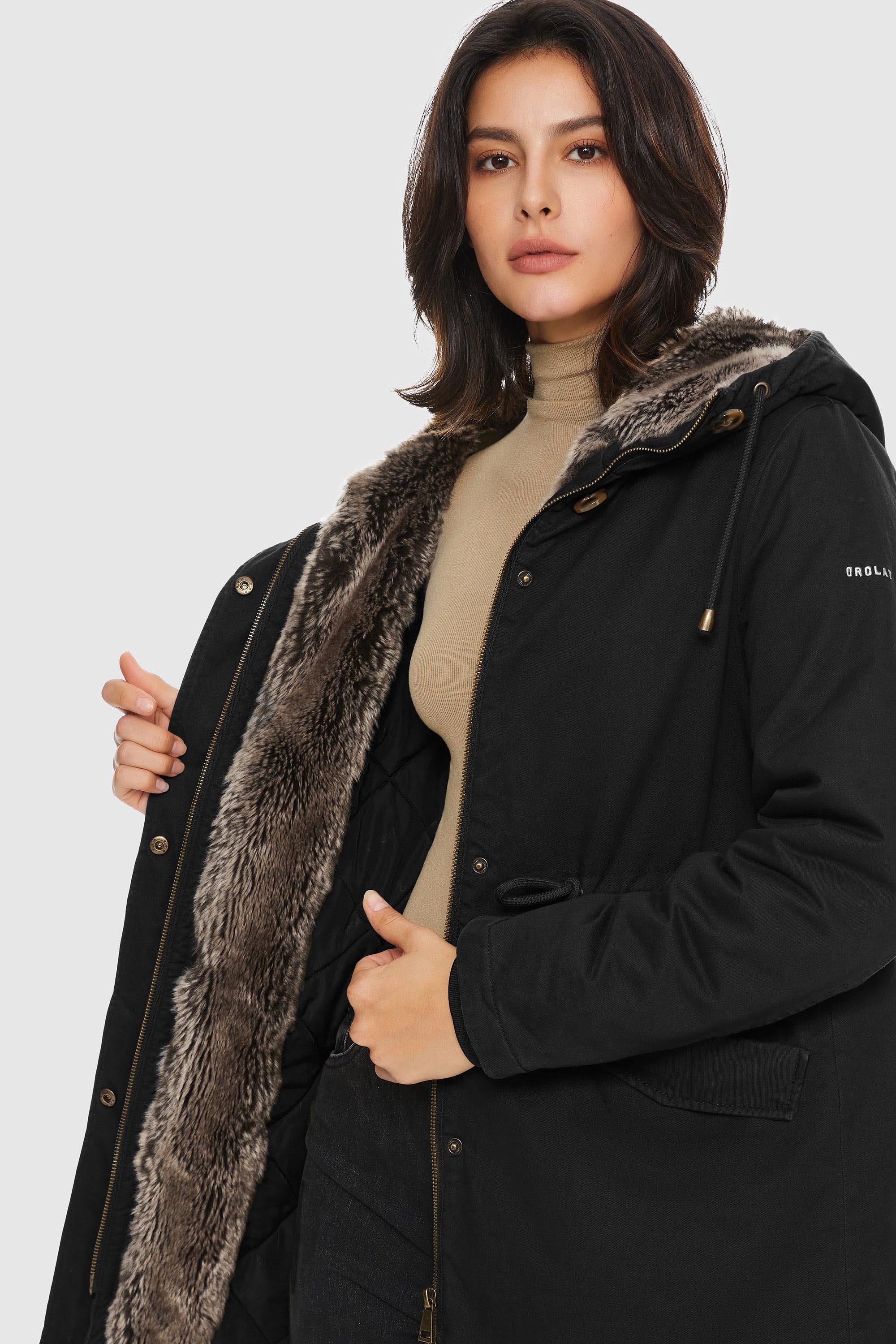 Orolay-Faux Fur Lined Military Fleece Parka-#color_Black