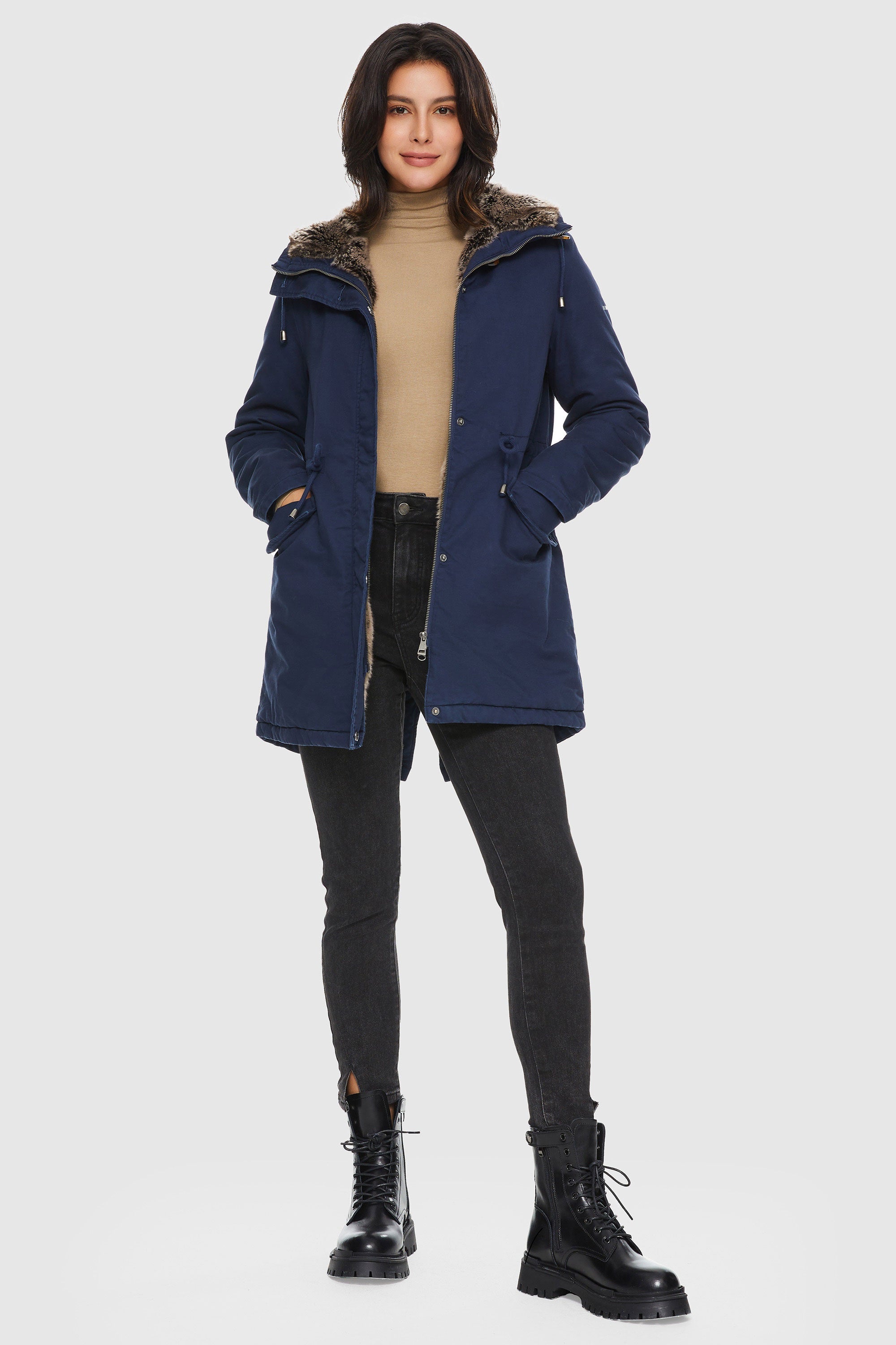 Orolay-Faux Fur Lined Military Fleece Parka-#color_Beacon Blue