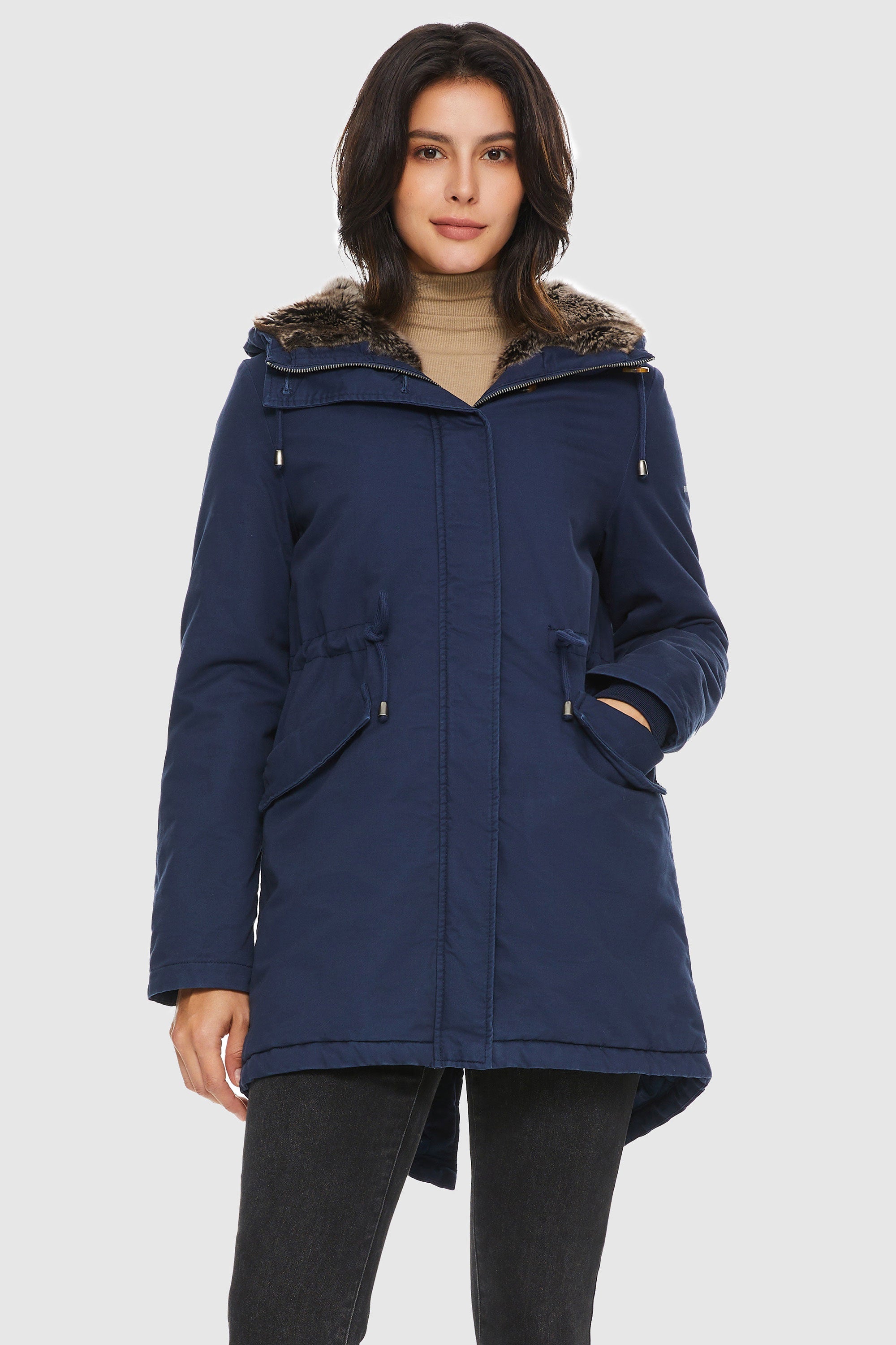 Orolay-Faux Fur Lined Military Fleece Parka-#color_Beacon Blue