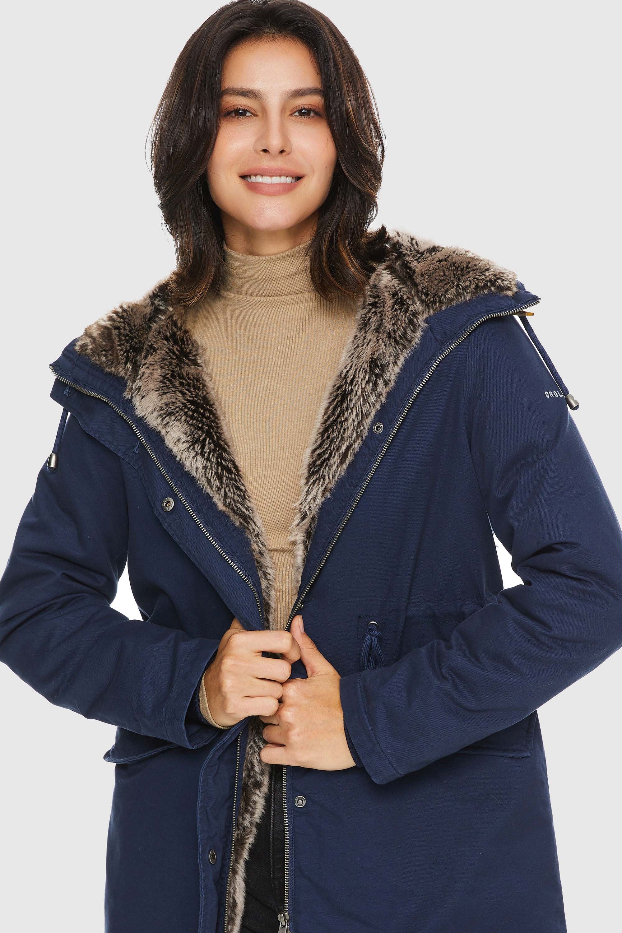 Orolay-Faux Fur Lined Military Fleece Parka-#color_Beacon Blue