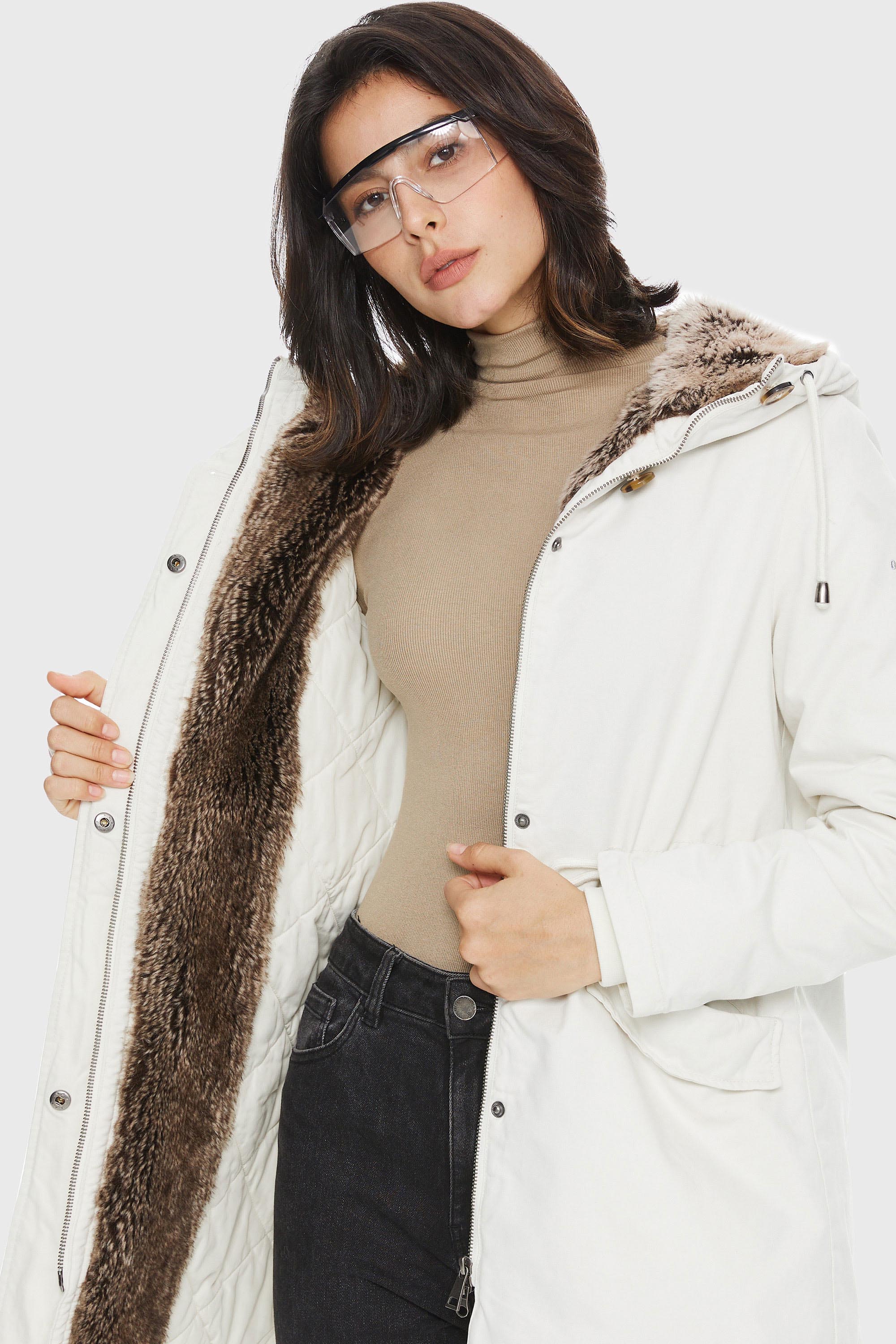 Orolay-Faux Fur Lined Military Fleece Parka-#color_Tofu