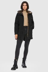 Orolay-Faux Fur Lined Military Fleece Parka-#color_Black