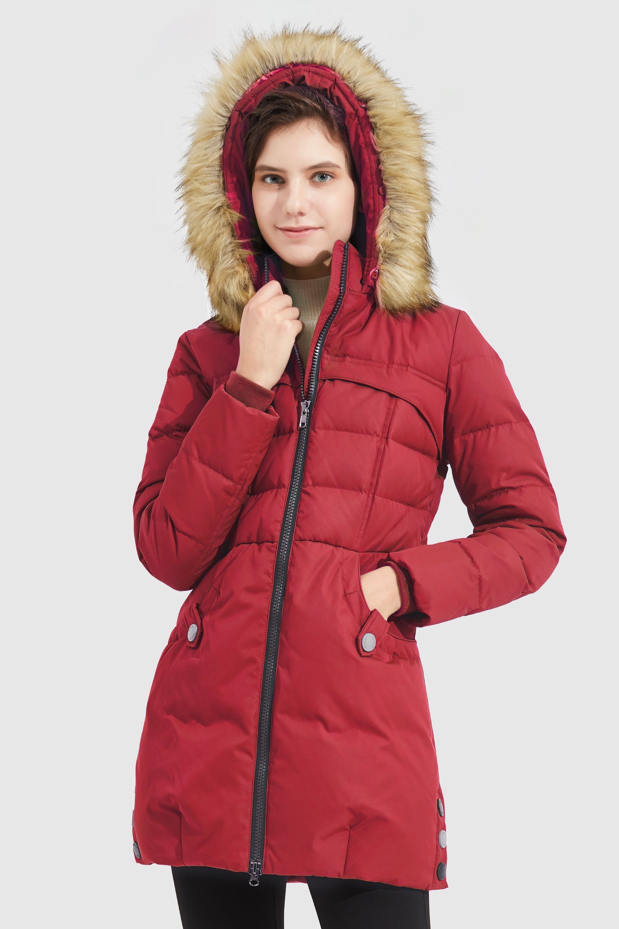 Orolay-Faux Fur Qulited Puffer Down Jacket-#color_Fiery Red