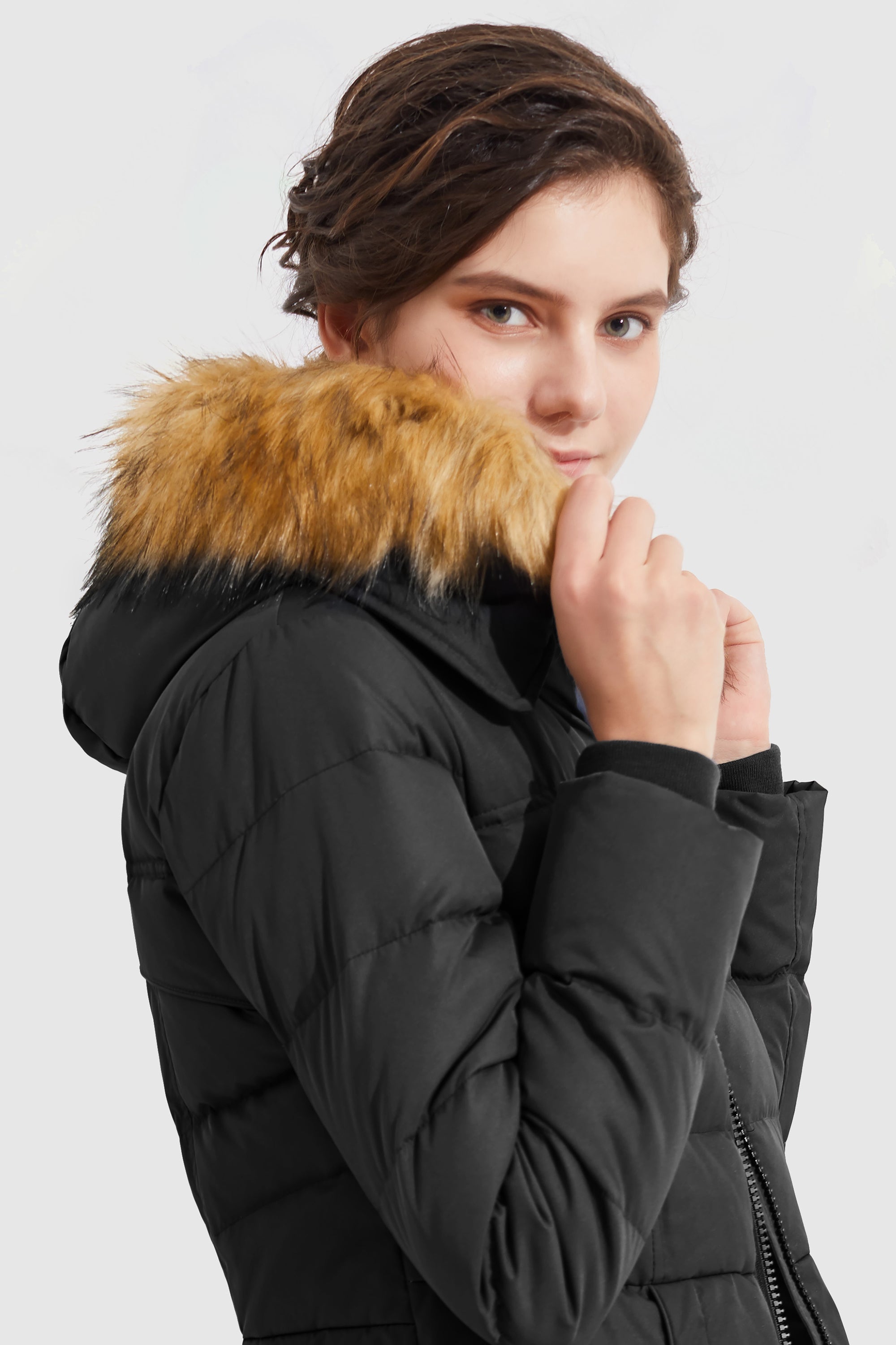 Orolay-Faux Fur Qulited Puffer Down Jacket-#color_Black