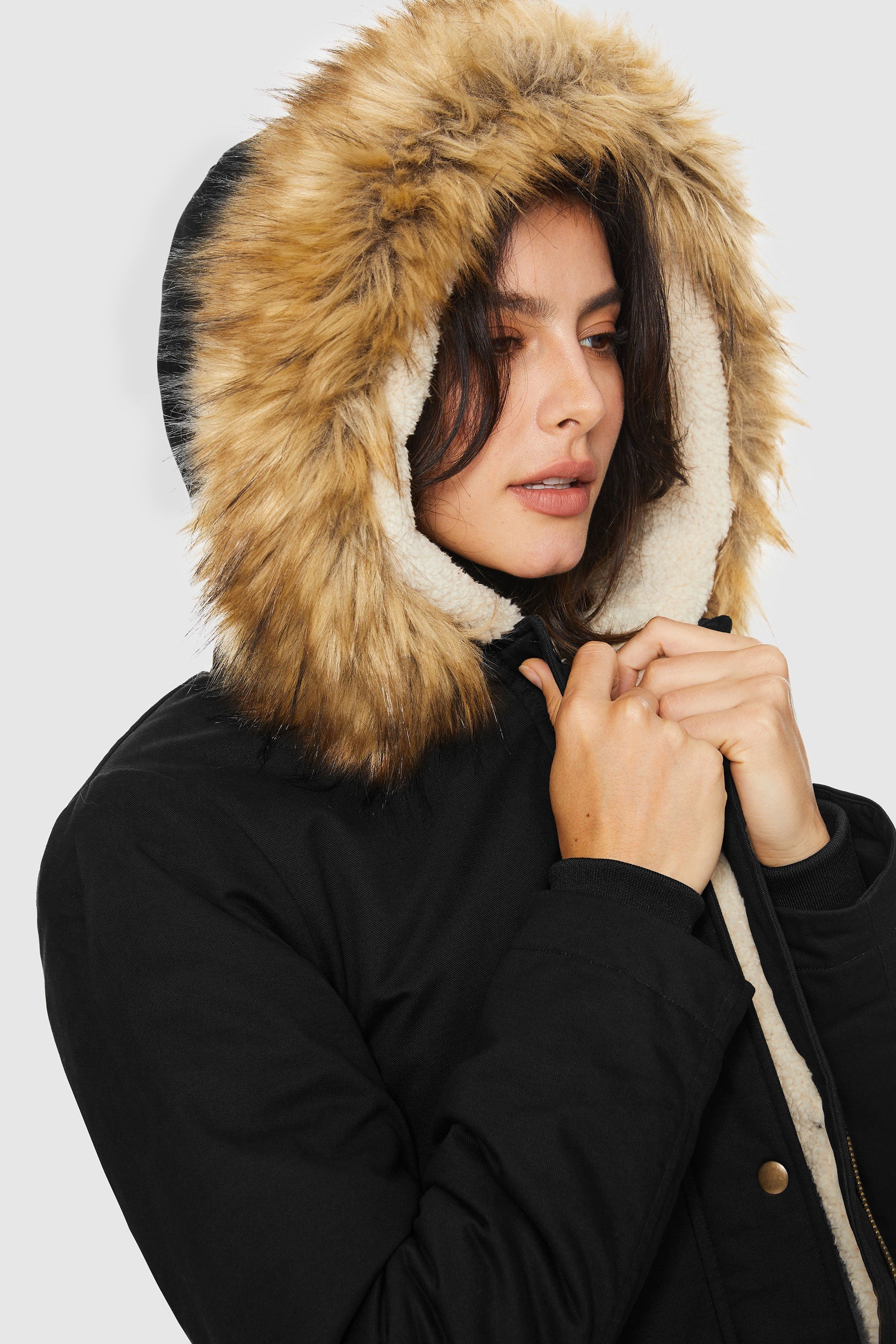 Orolay-Faux Fur Thickened Hooded Parka Jacket-#color_Black