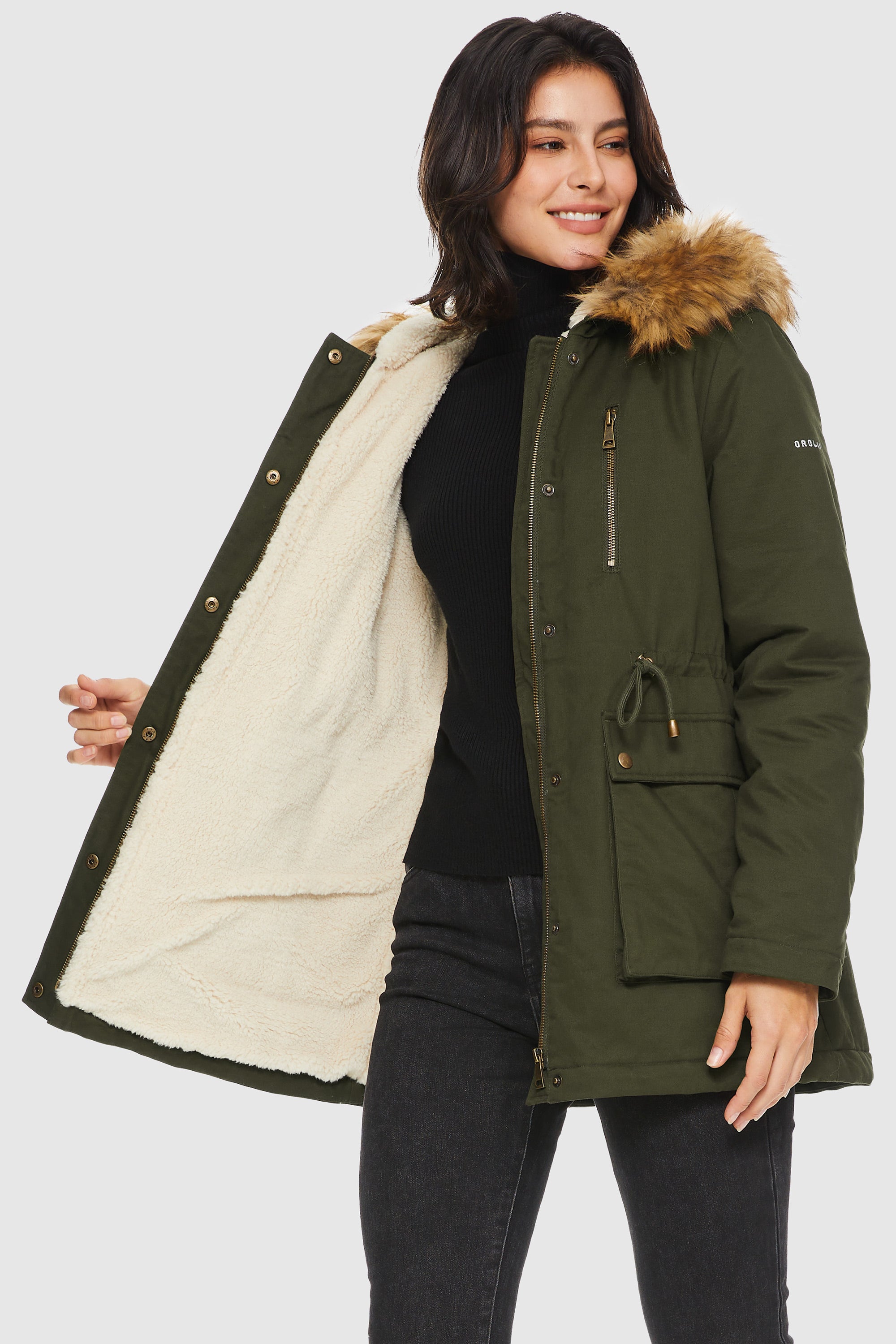 Orolay-Faux Fur Thickened Hooded Parka Jacket-#color_Deep Forest