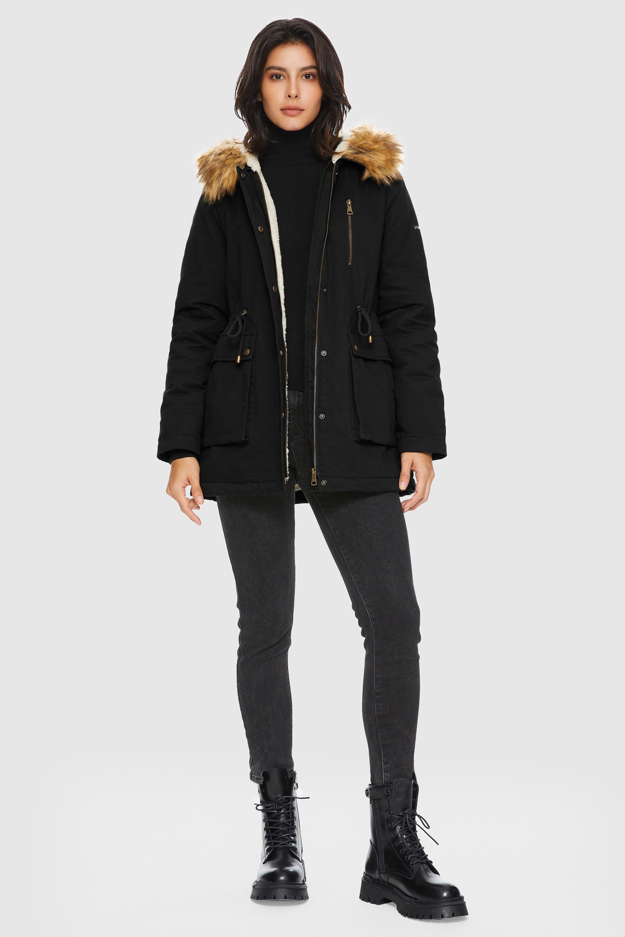 Orolay-Faux Fur Thickened Hooded Parka Jacket-#color_Black