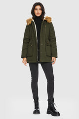 Orolay-Faux Fur Thickened Hooded Parka Jacket-#color_Deep Forest