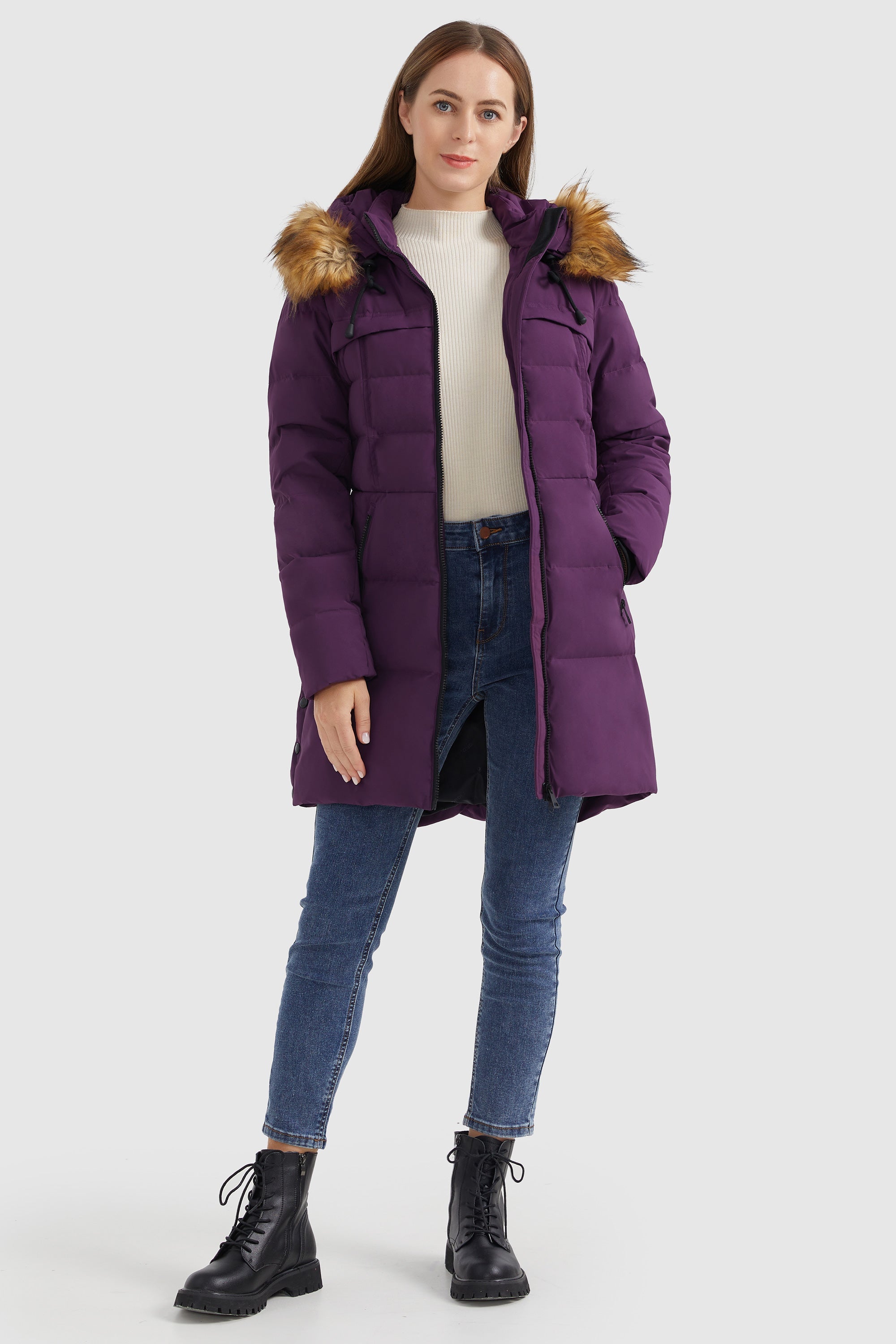 Orolay-Faux Fur Trim Hood Winter Down Jacket-#color_Charisma