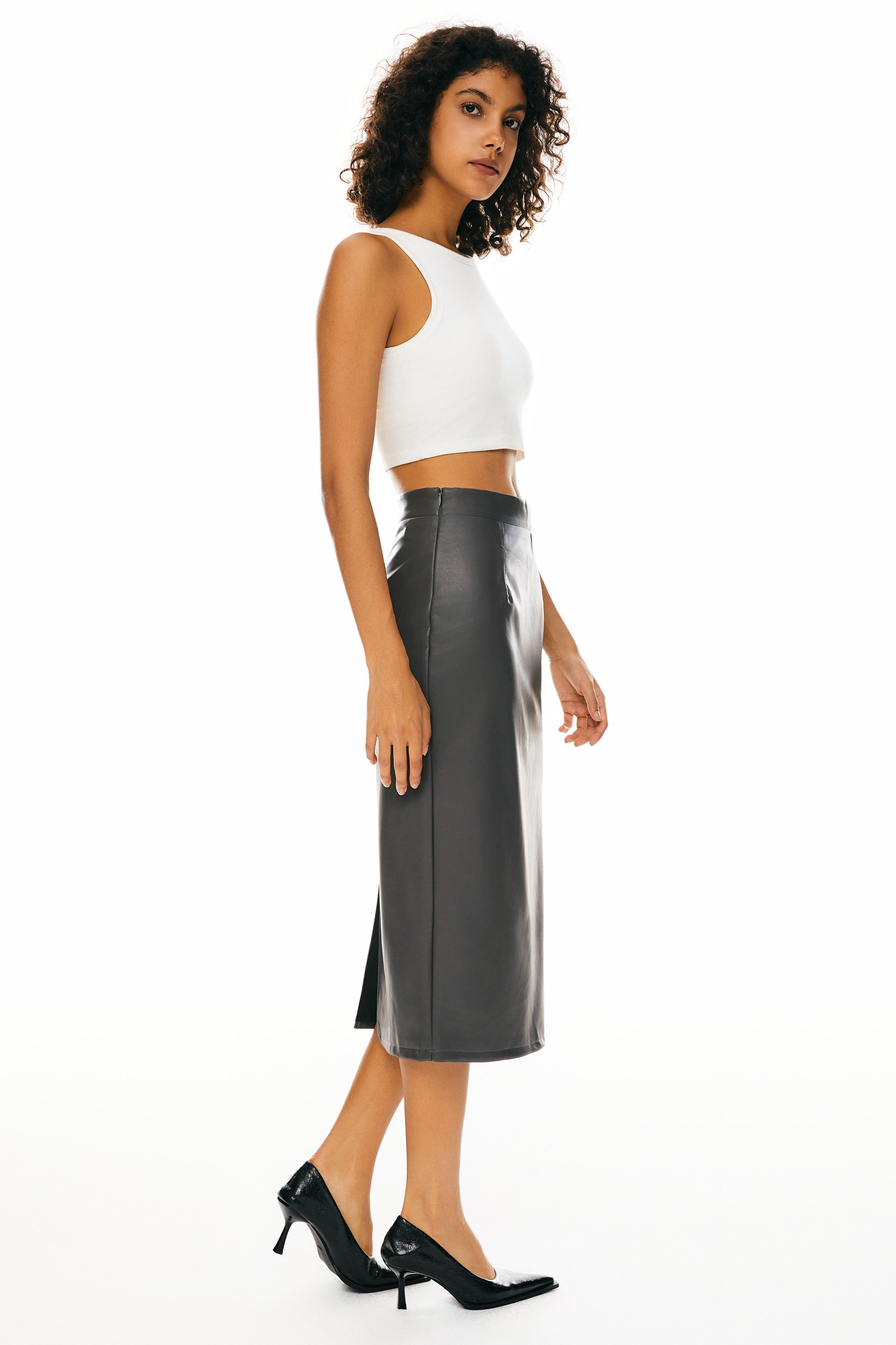 Orolay-Faux Leather Pencil Skirts-Image 4 of Faux Leather Pencil Skirts from Orolay - #color_Gray