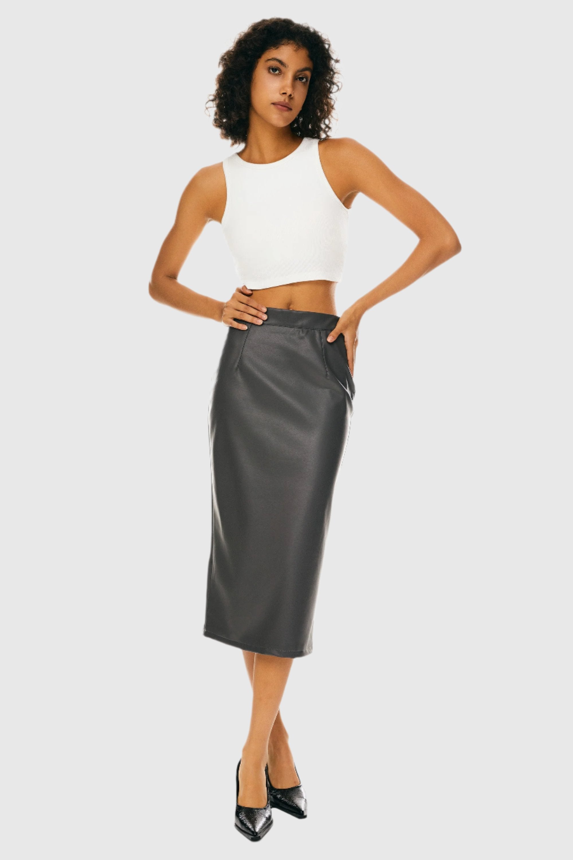 Orolay-Faux Leather Pencil Skirts-Image 1 of Faux Leather Pencil Skirts from Orolay - #color_Gray