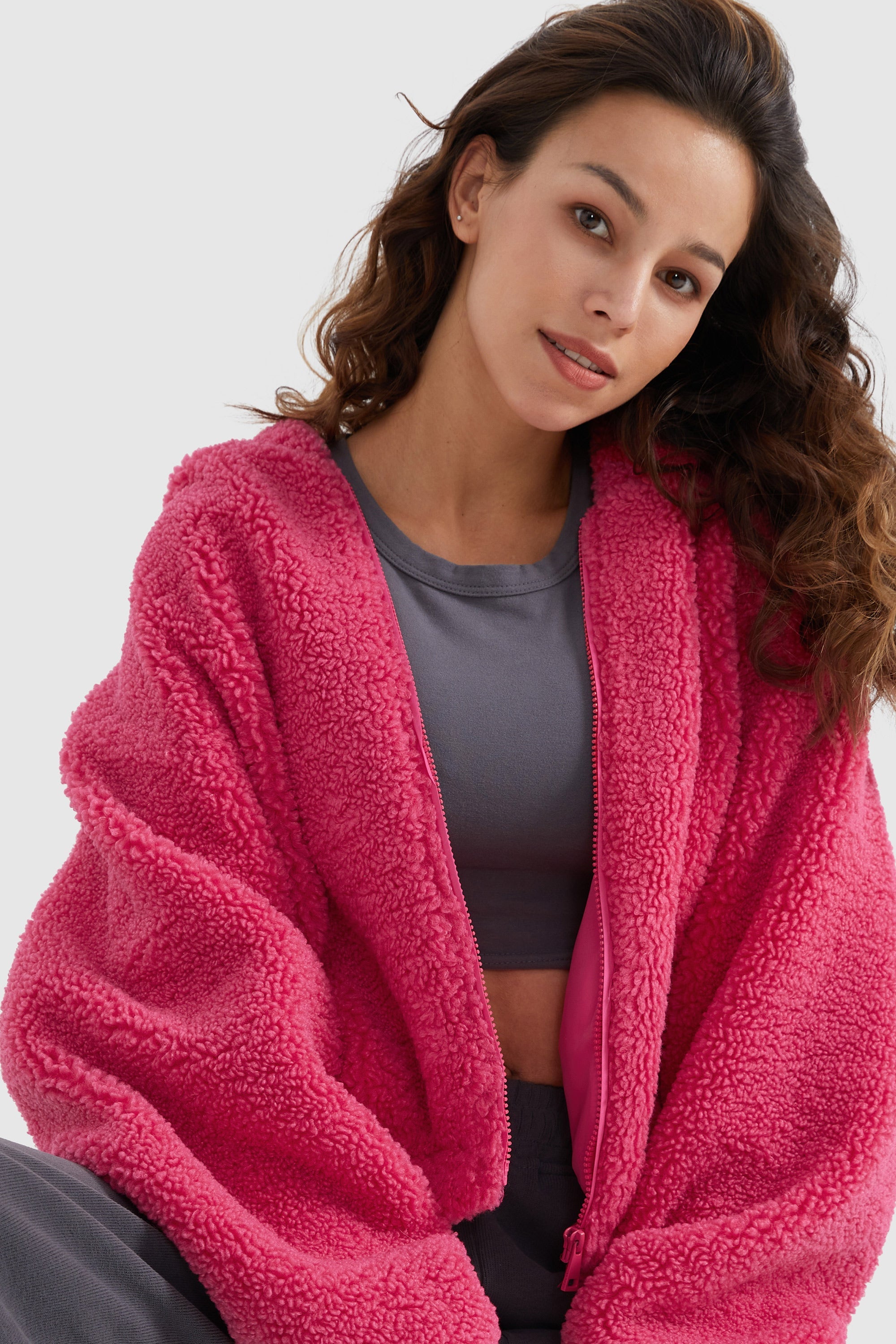 Orolay-Fleece Cropped Drop Shoulder Coat-#color_Rethink Pink